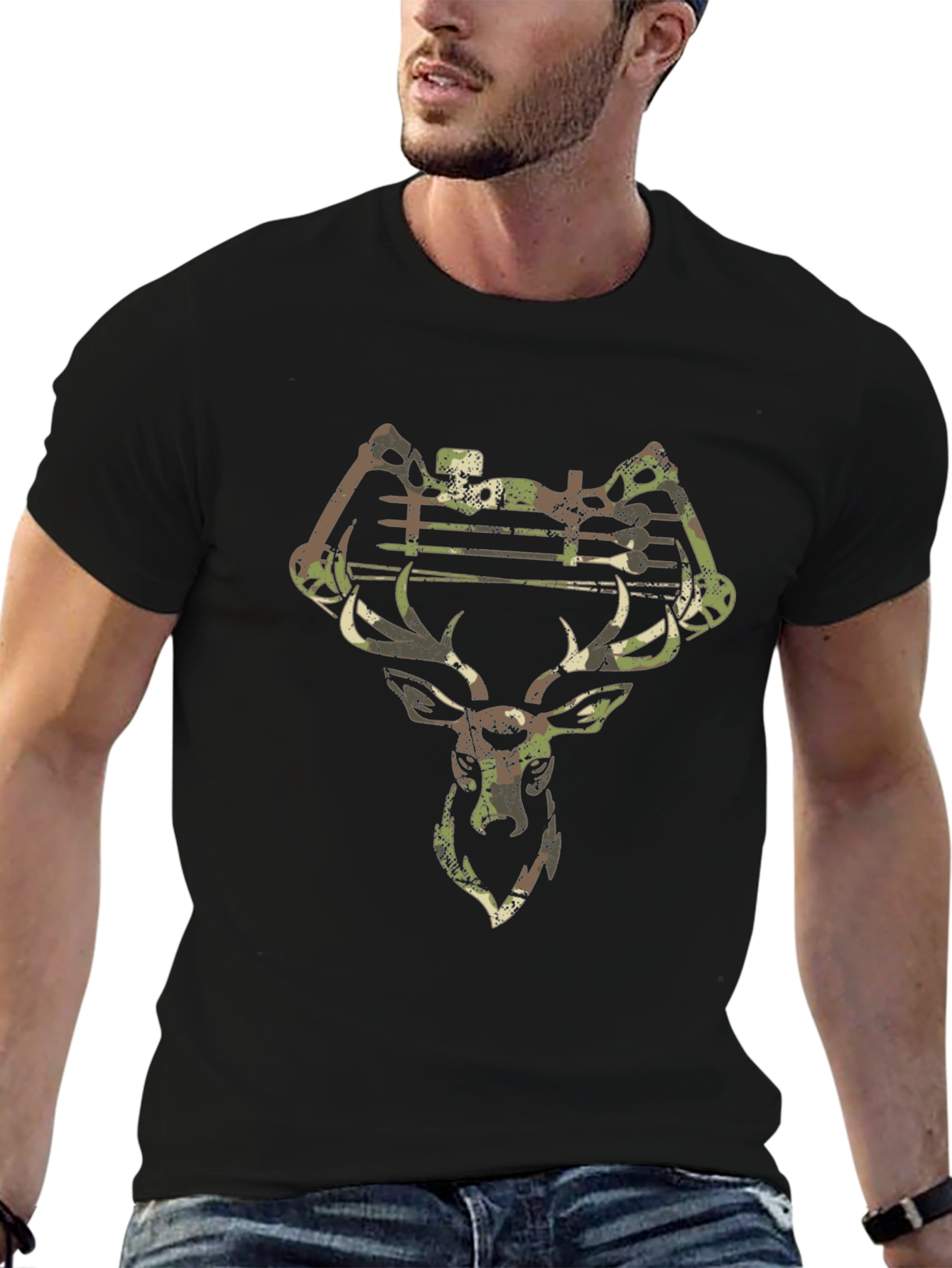 Camo Deer Hunting Bow Black T-Shirt