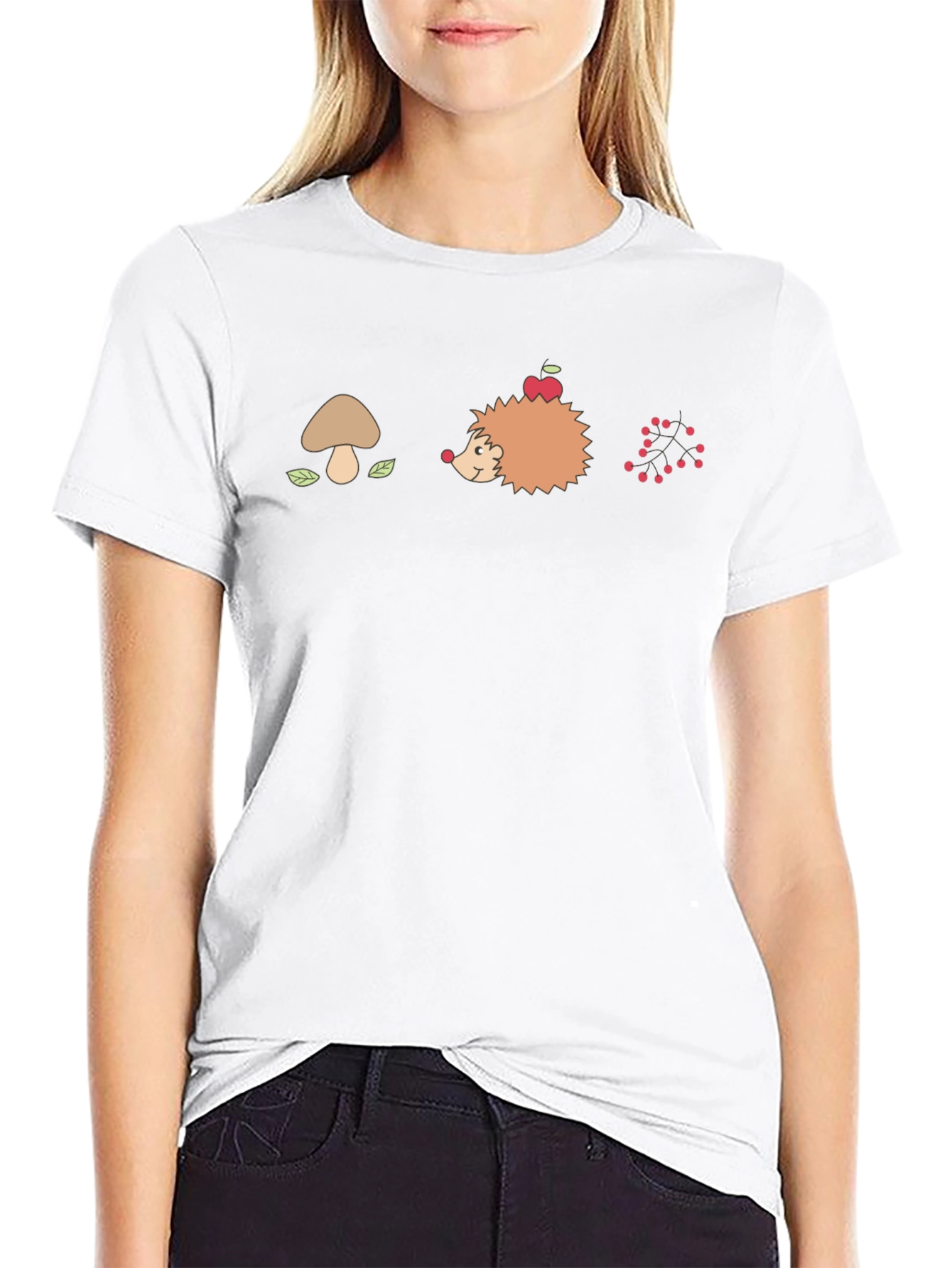 Mens Black Graphic T-Shirt - Mushroom Hedgehog Berries Design