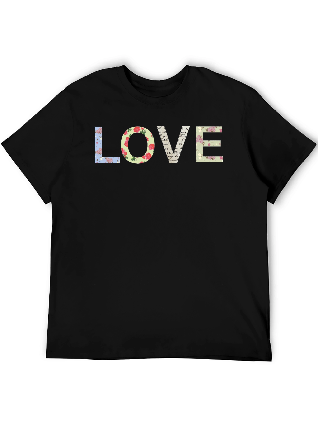 Floral LOVE Graphic Tee - Black Cotton T-Shirt