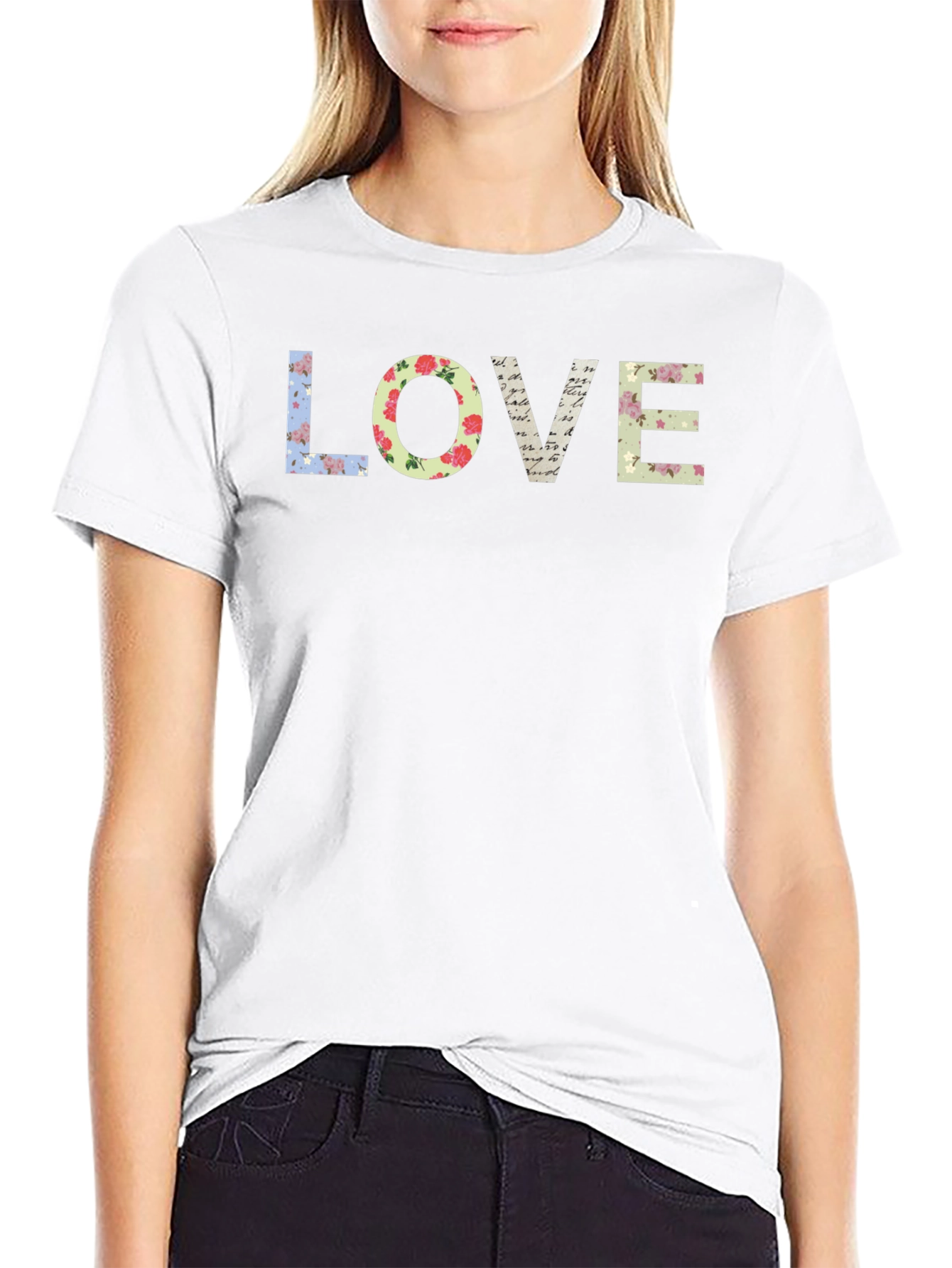Floral LOVE Graphic Tee - Black Cotton T-Shirt