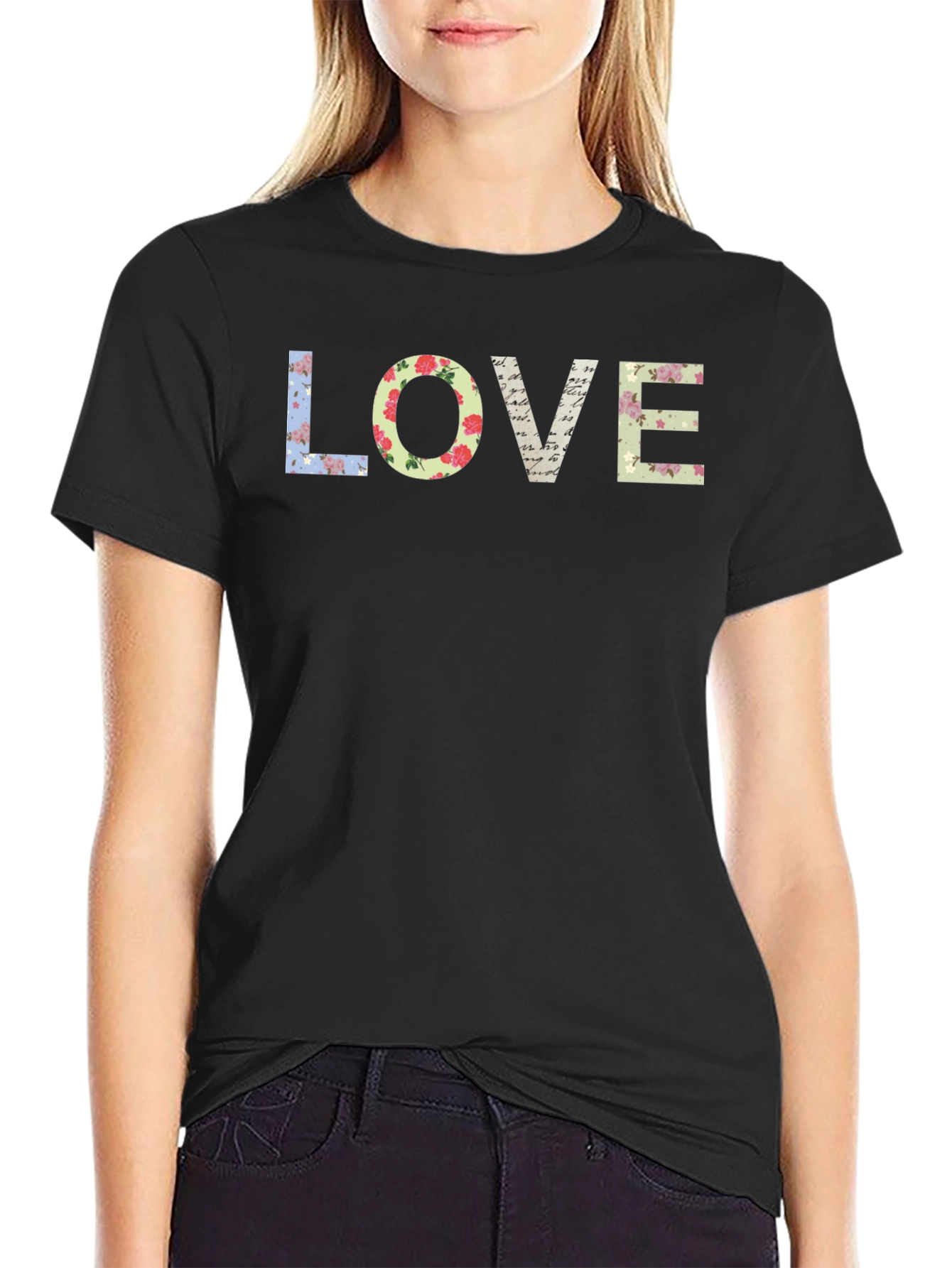 Floral LOVE Graphic Tee - Black Cotton T-Shirt