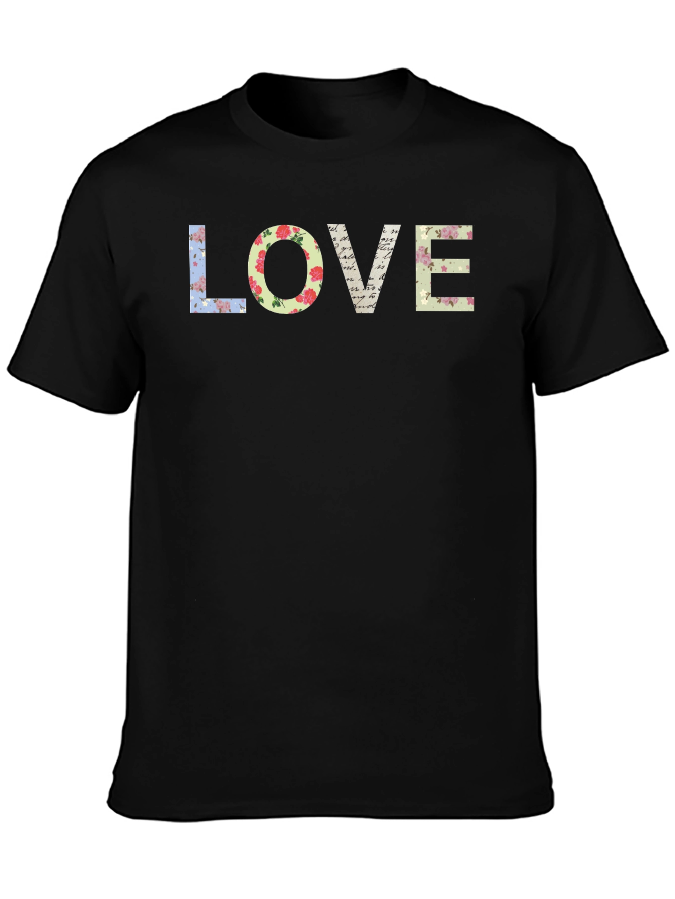 Floral LOVE Graphic Tee - Black Cotton T-Shirt