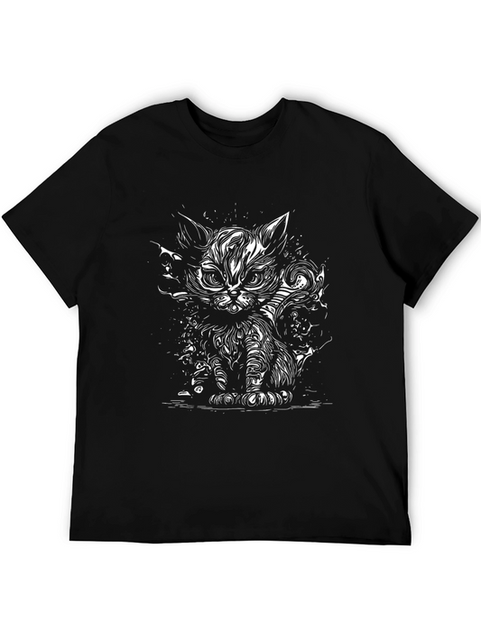 Mens Black T-Shirt with Cat Graphic
