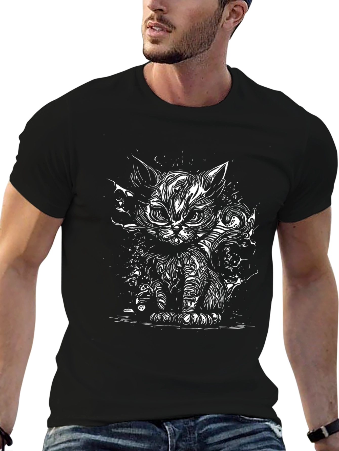 Mens Black T-Shirt with Cat Graphic