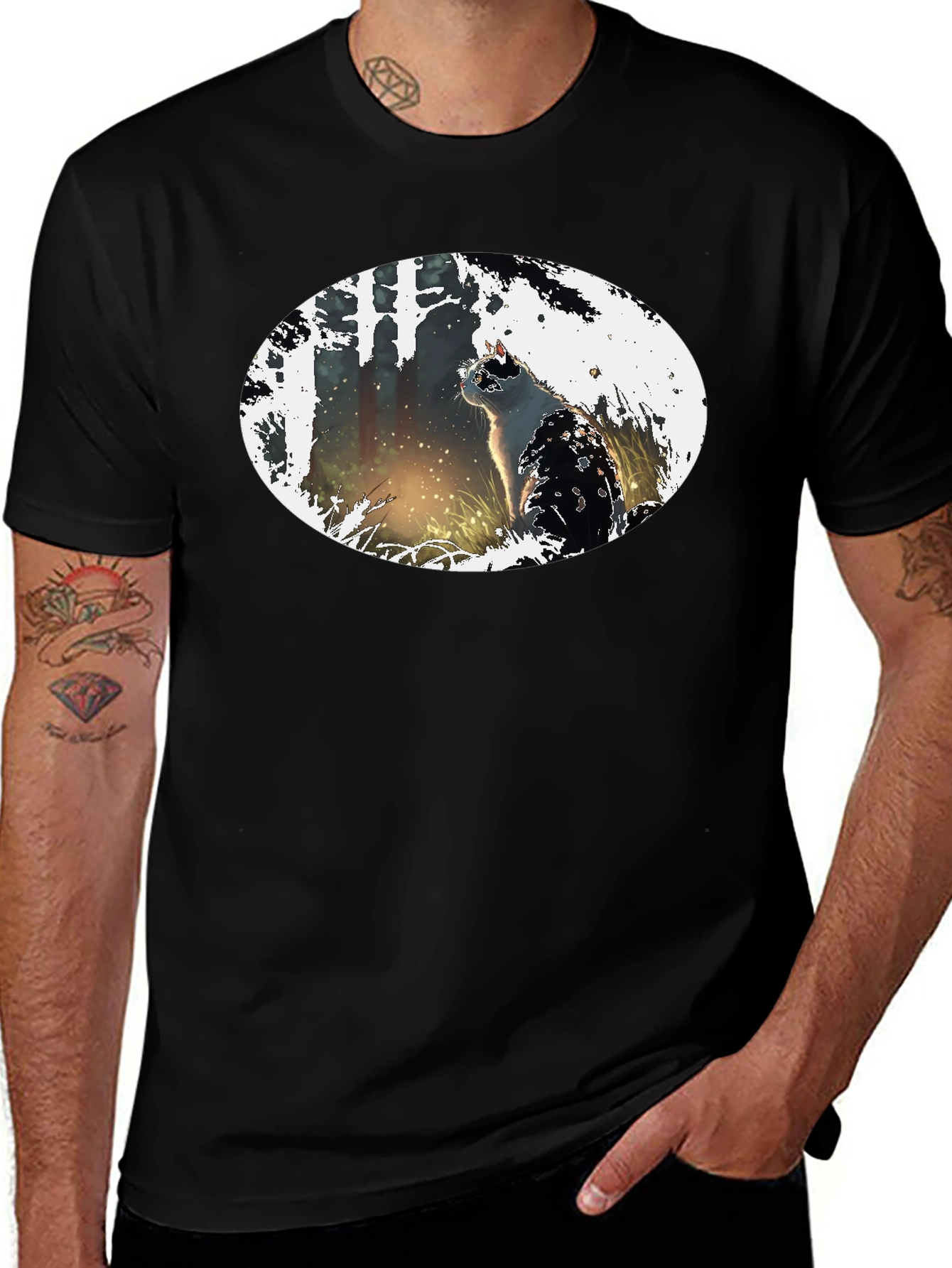 Cat in the Woods Black T-Shirt