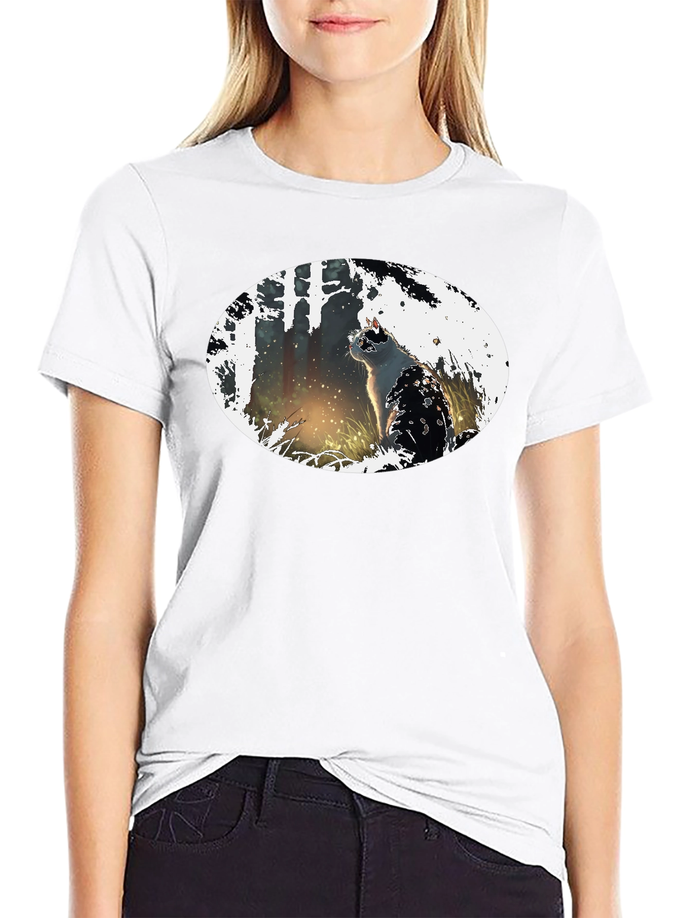 Cat in the Woods Black T-Shirt