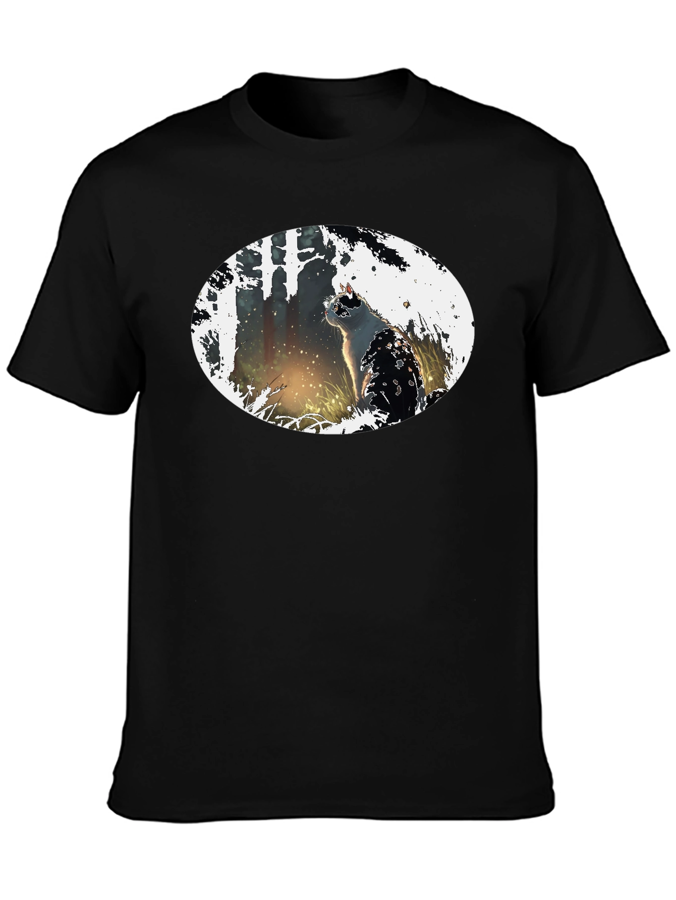 Cat in the Woods Black T-Shirt