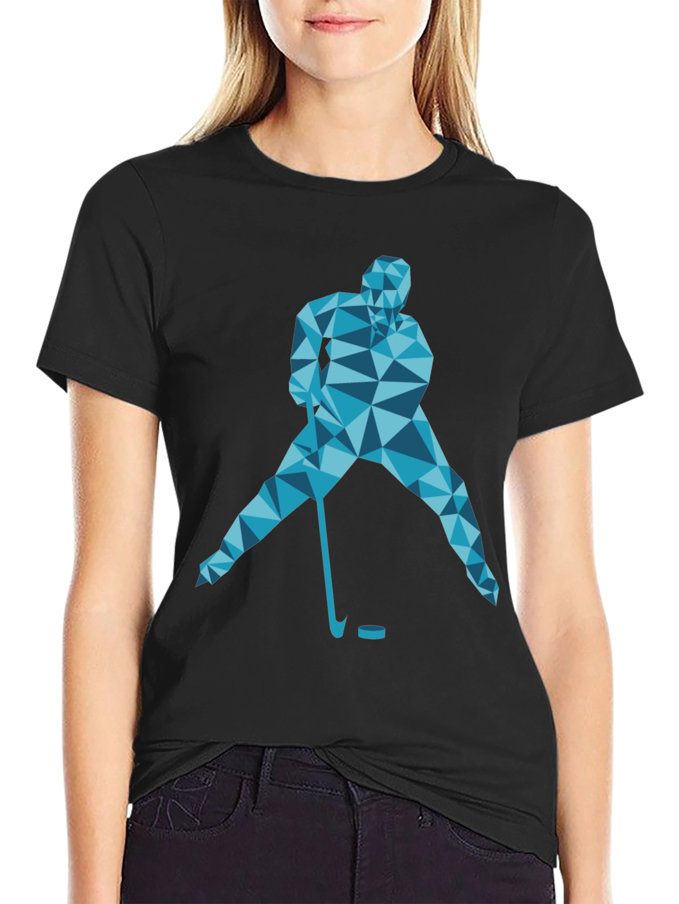 Geometric Hockey Player Graphic T-Shirt - Black