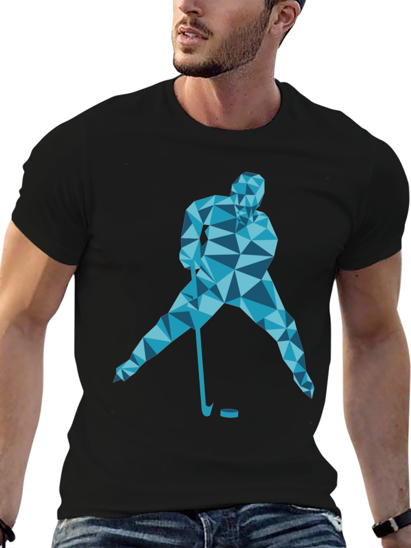 Geometric Hockey Player Graphic T-Shirt - Black