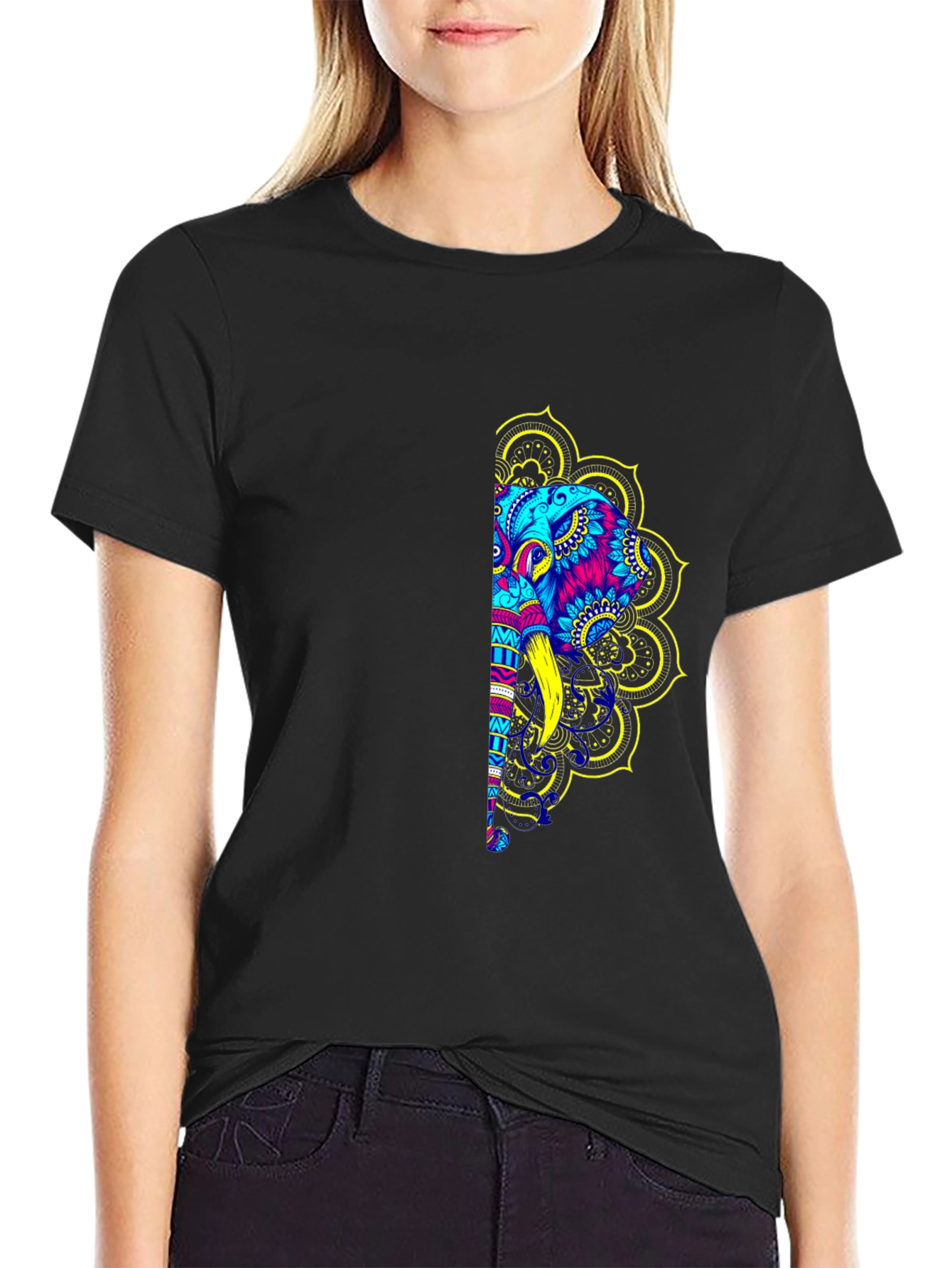 Elephant Mandala Graphic Print Black T-Shirt