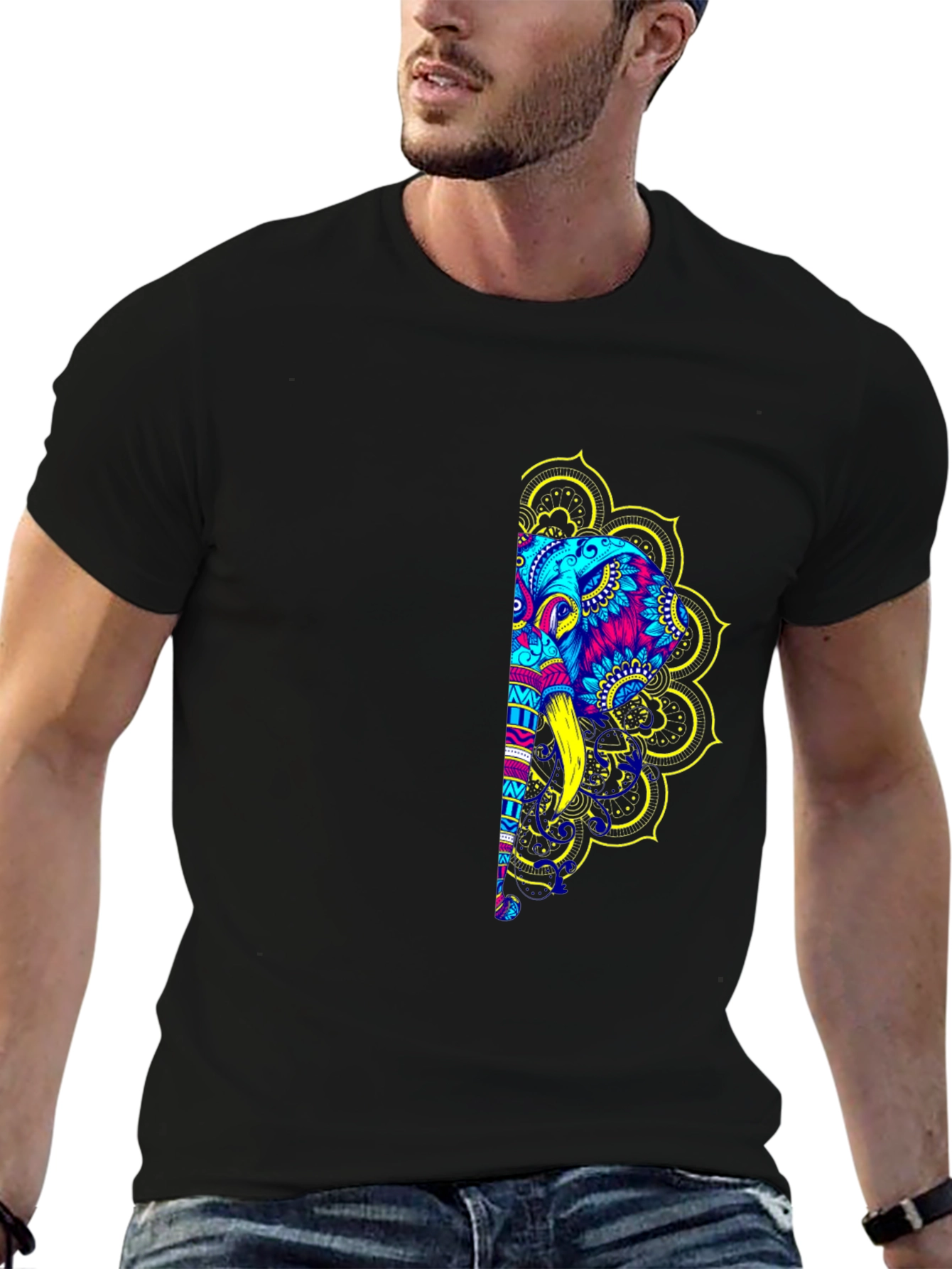 Elephant Mandala Graphic Print Black T-Shirt