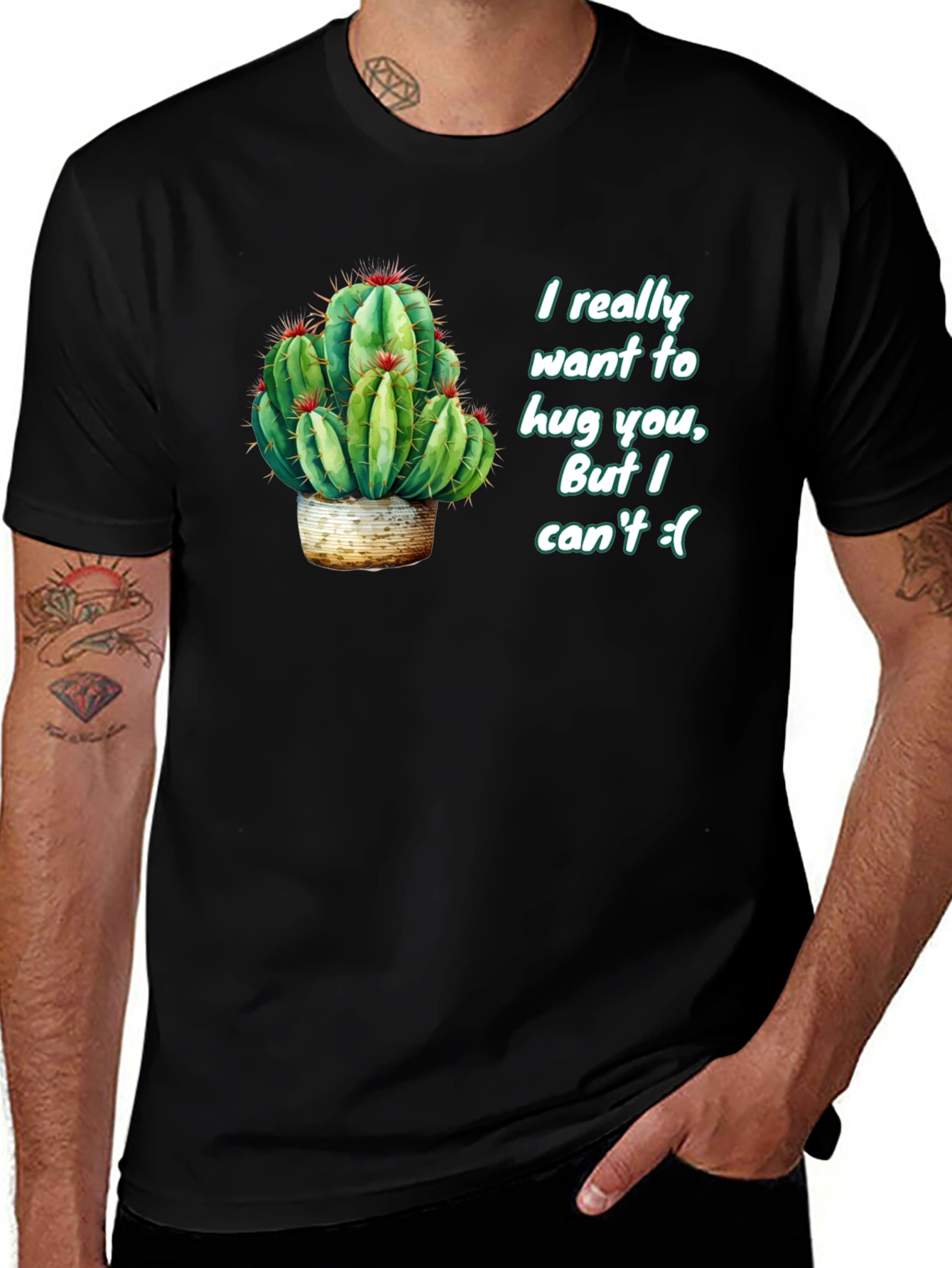 Cactus Hug Mens Black T-Shirt - Funny Graphic Tee