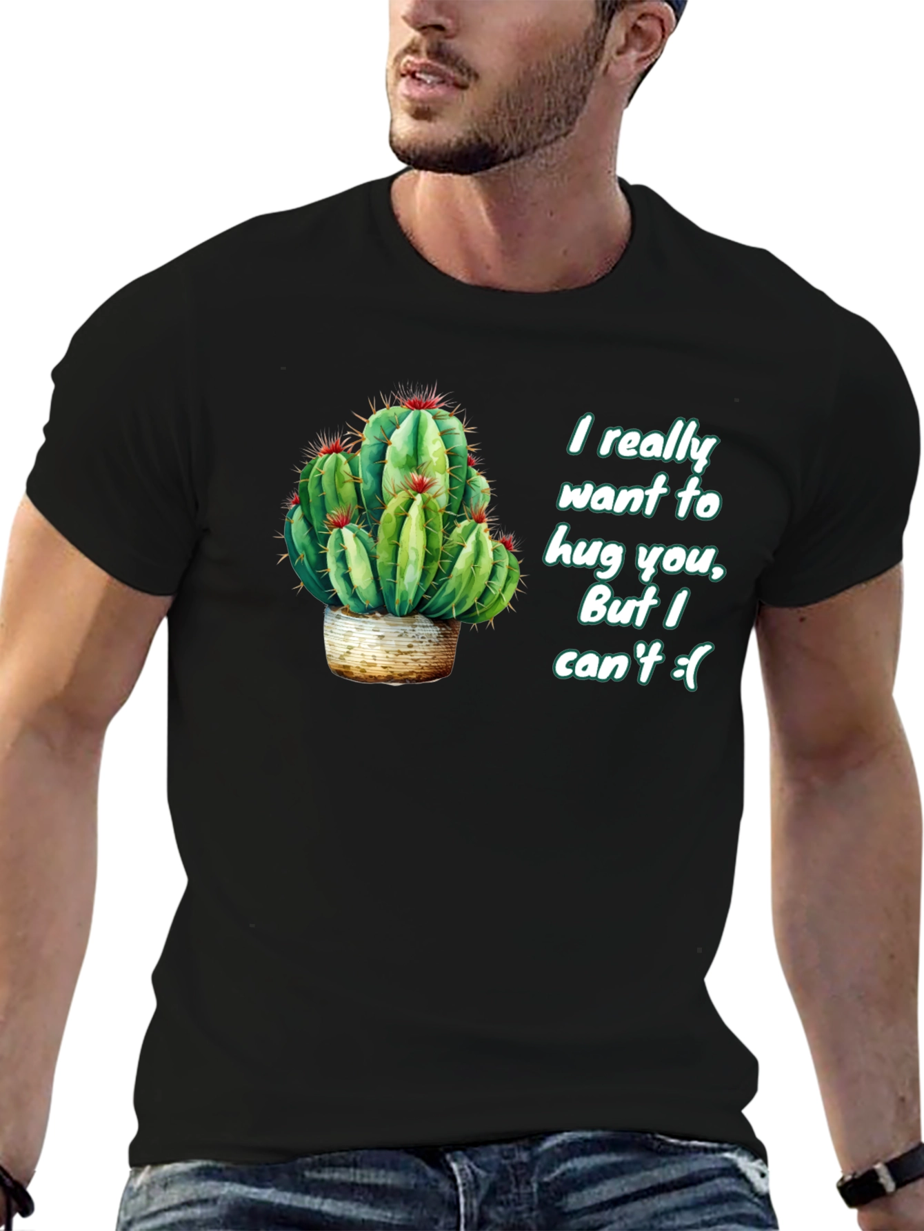 Cactus Hug Mens Black T-Shirt - Funny Graphic Tee