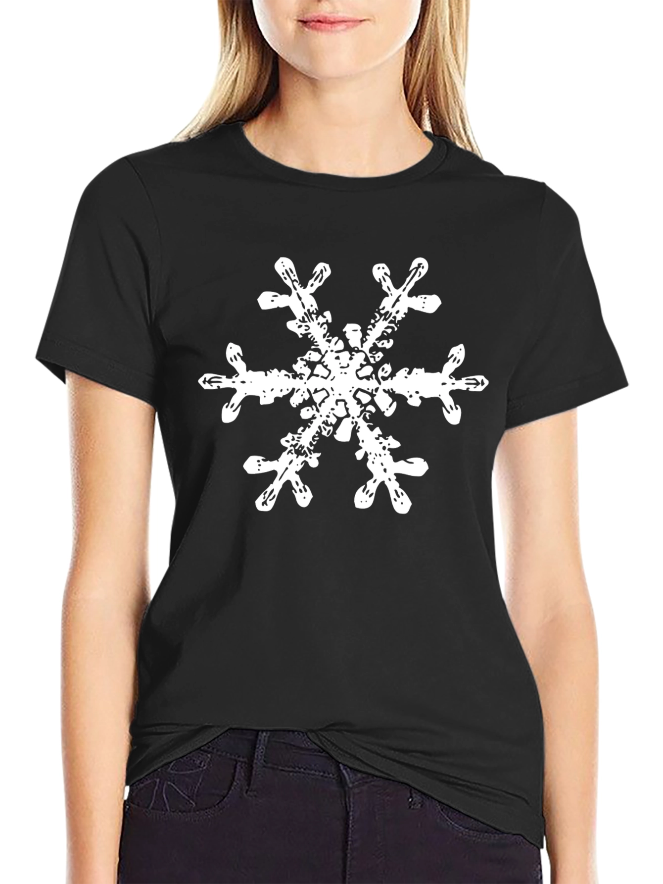Snowflake Graphic Tee - Black Cotton Casual Shirt