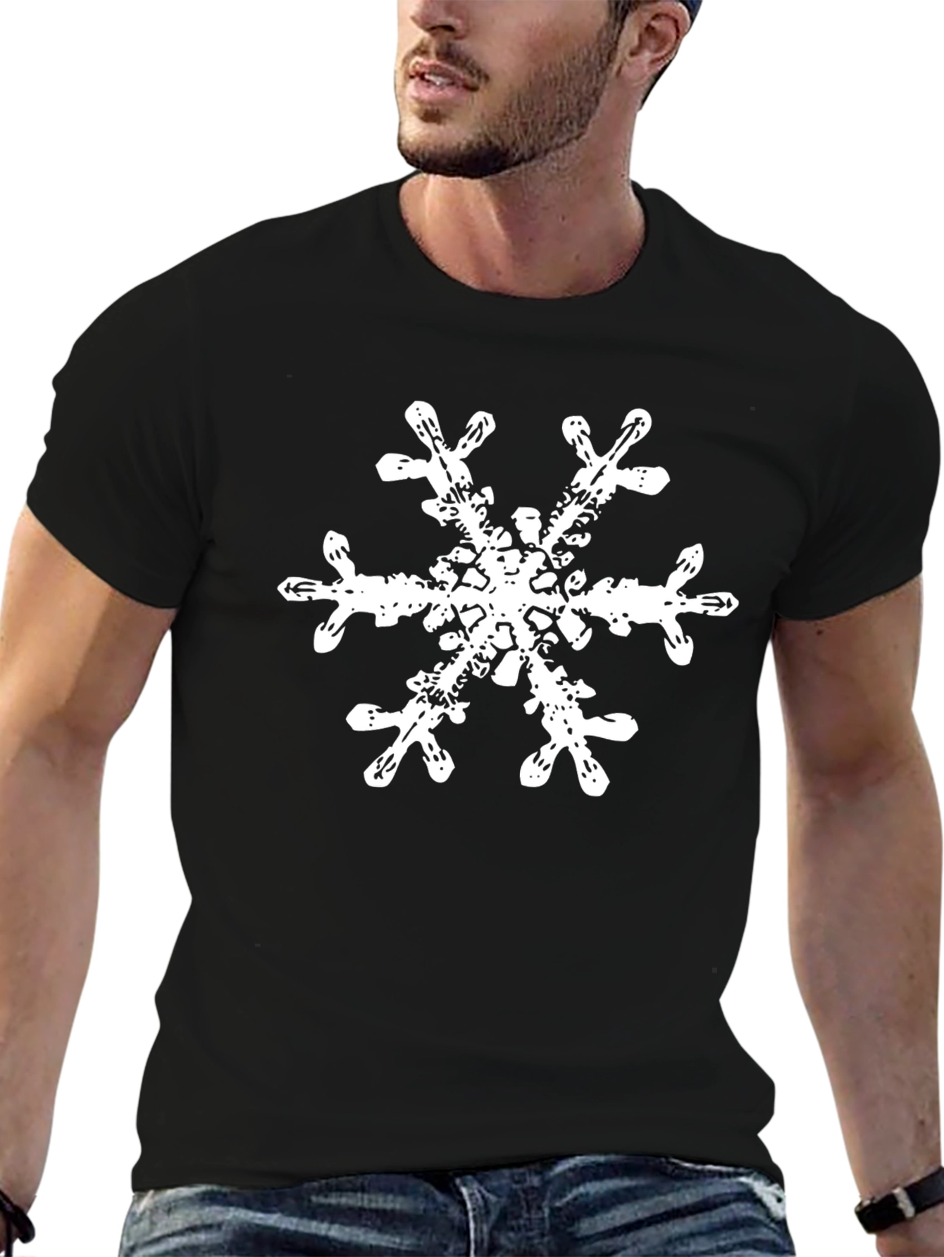 Snowflake Graphic Tee - Black Cotton Casual Shirt