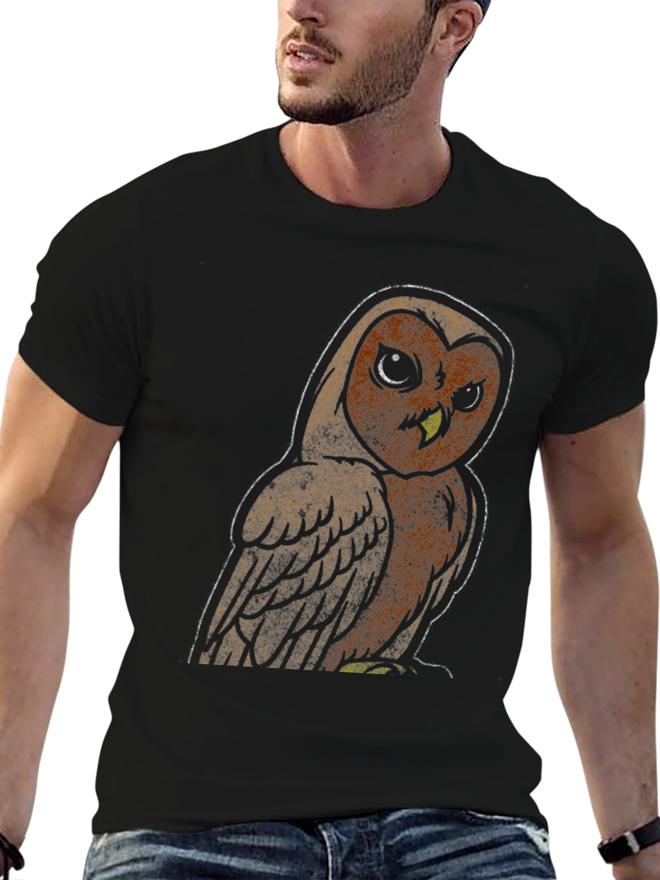 Owl Graphic Print Mens Black T-Shirt