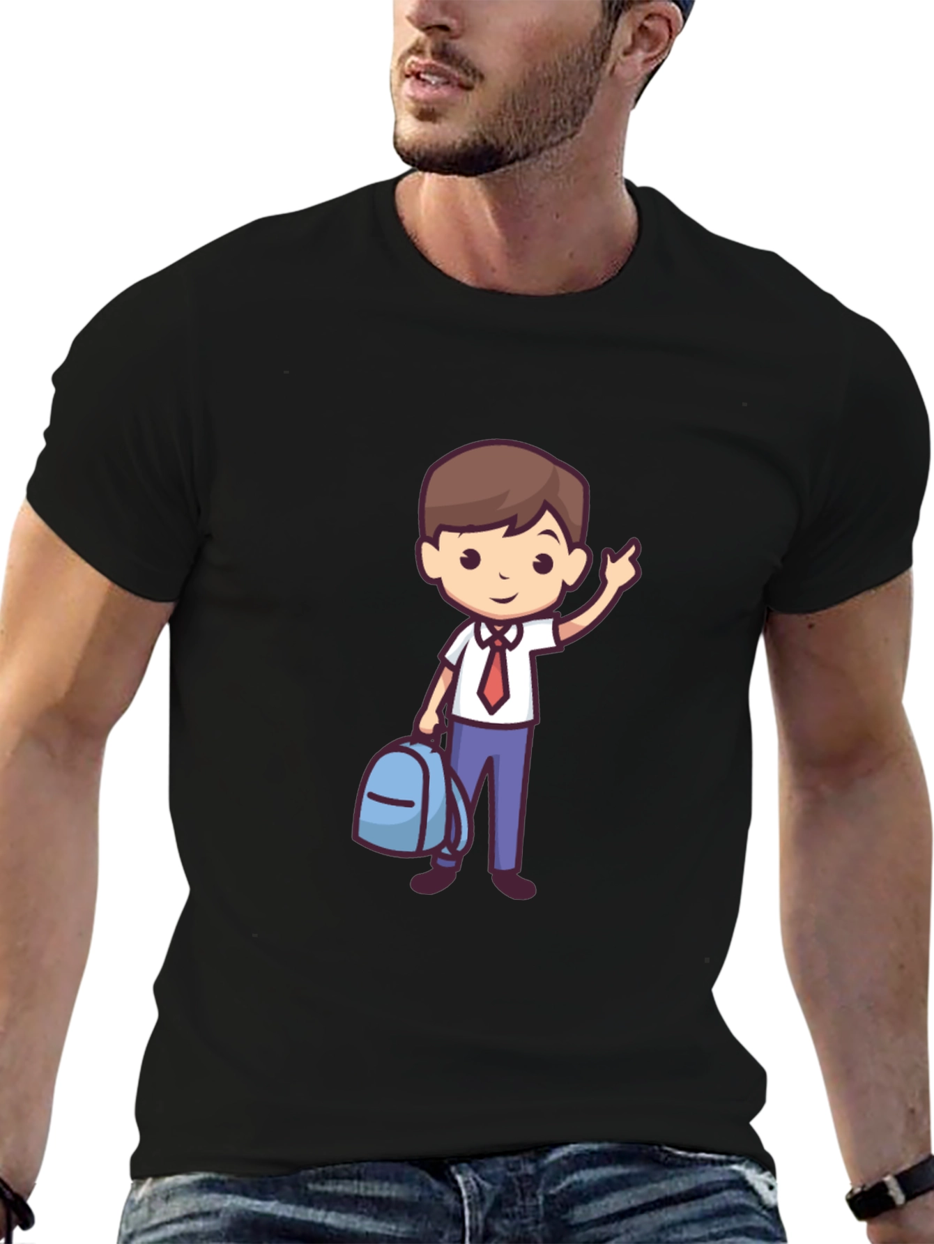 Boy with Backpack Graphic Tee - Classic Black T-Shirt