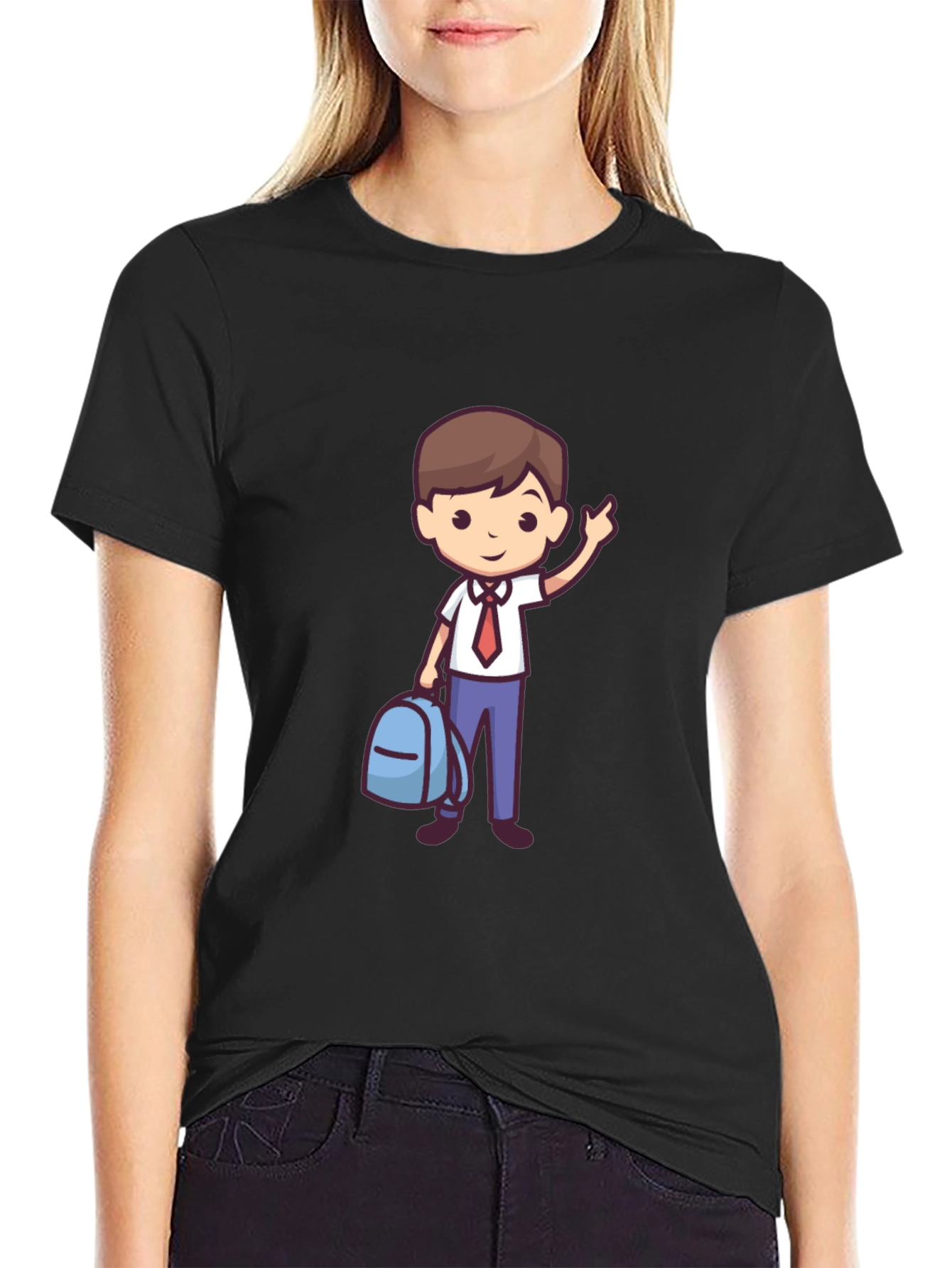 Boy with Backpack Graphic Tee - Classic Black T-Shirt