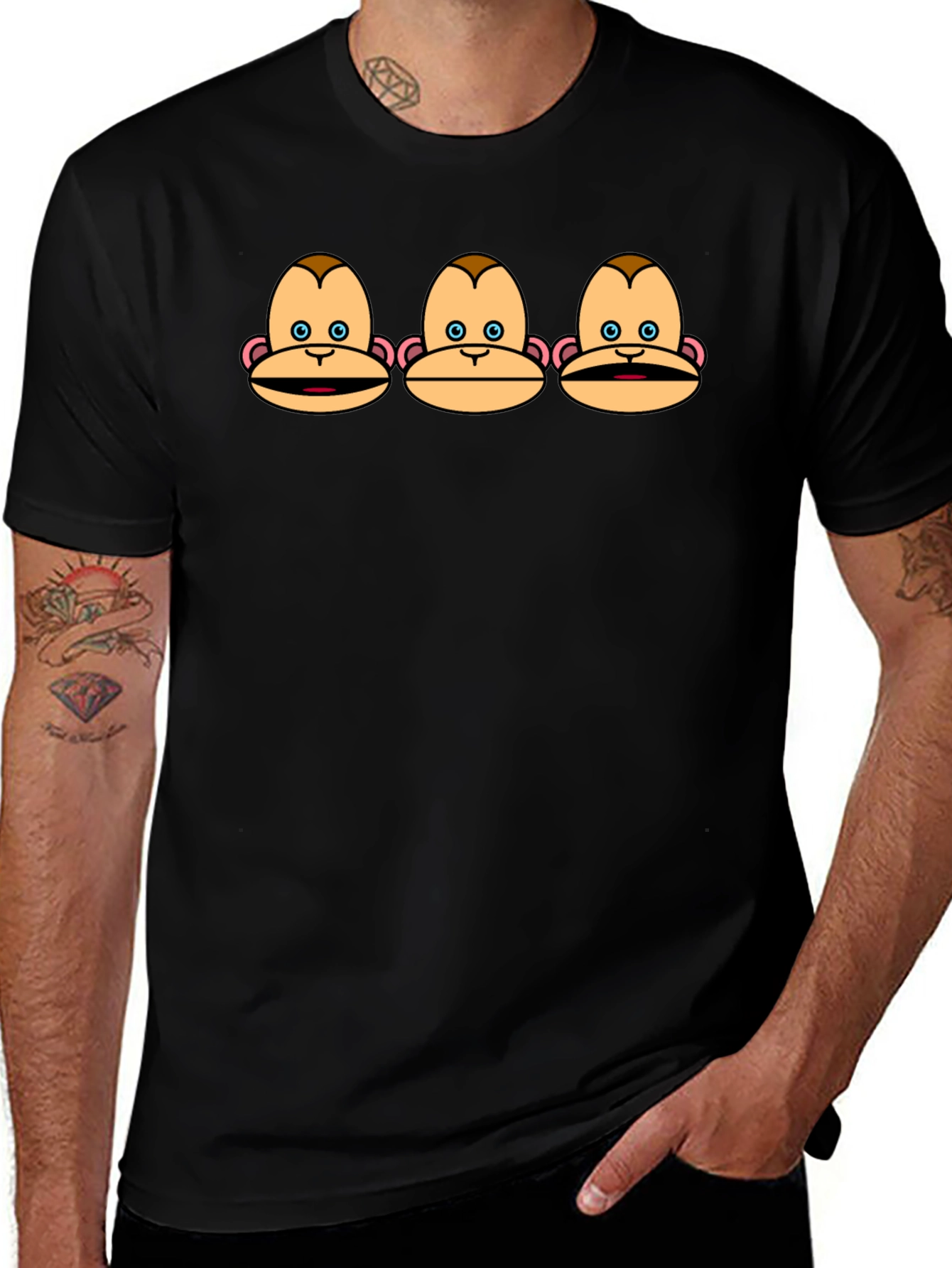 Funny Monkey Faces Graphic Black T-Shirt