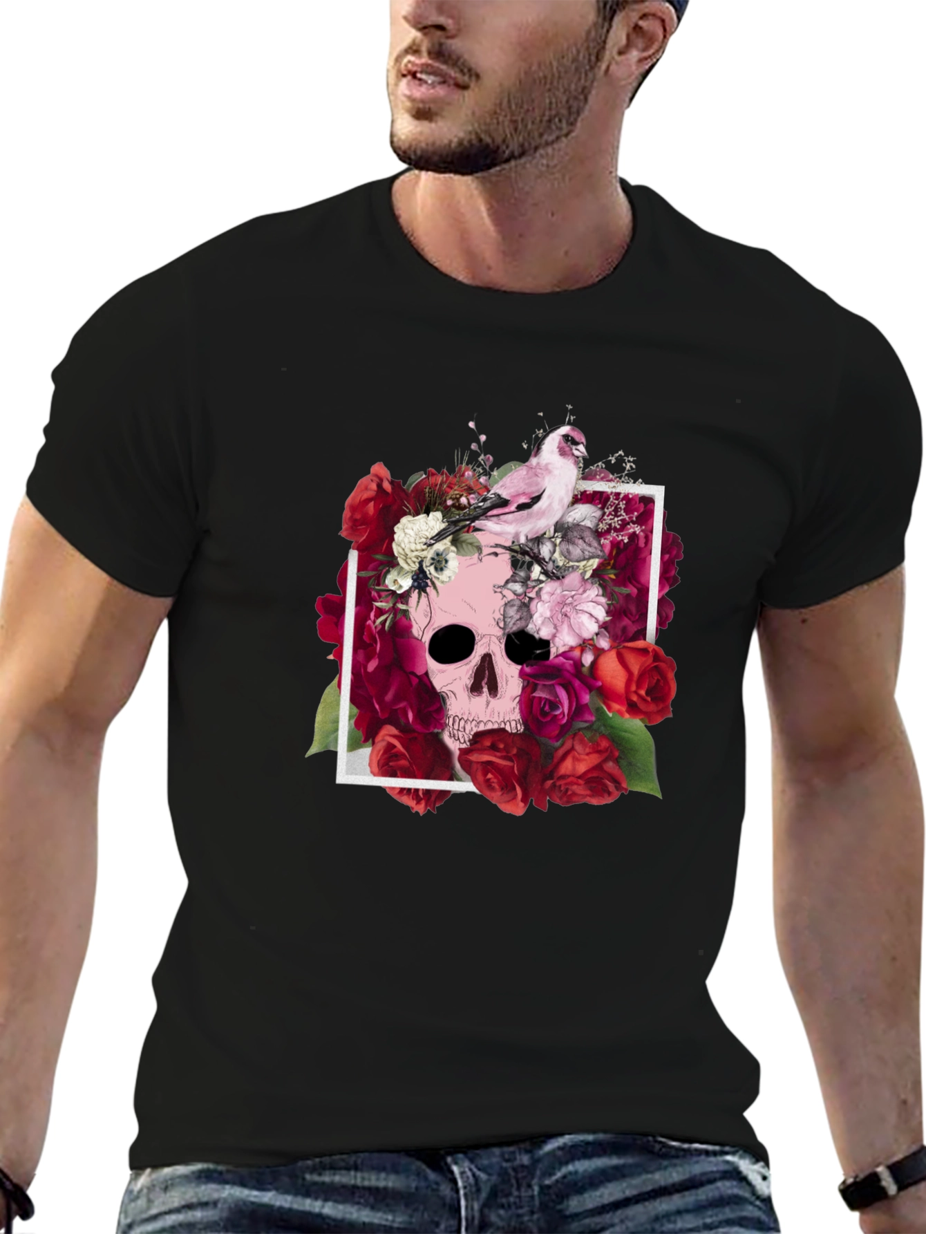 Floral Skull T-Shirt - Bird & Roses Design
