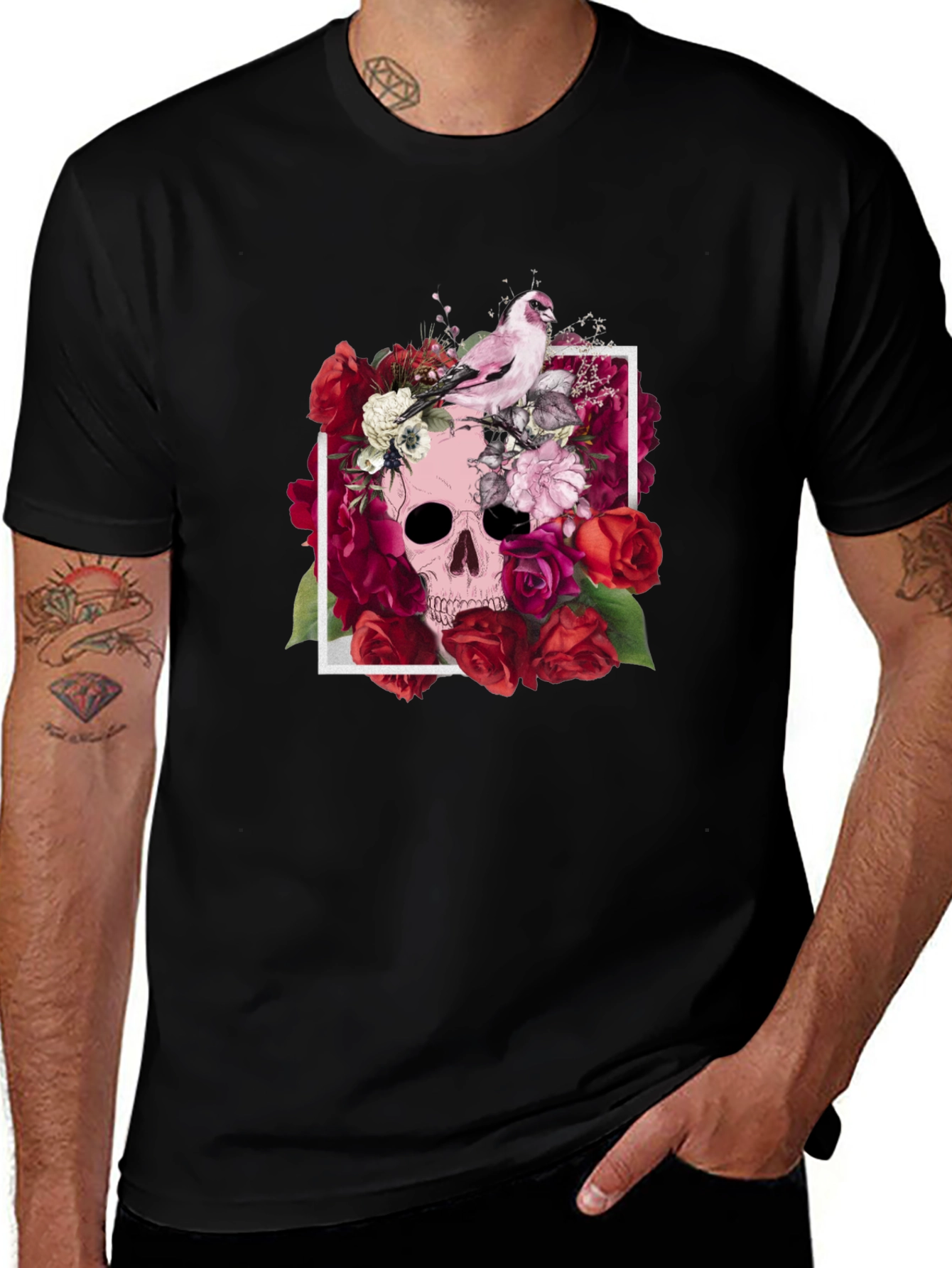 Floral Skull T-Shirt - Bird & Roses Design