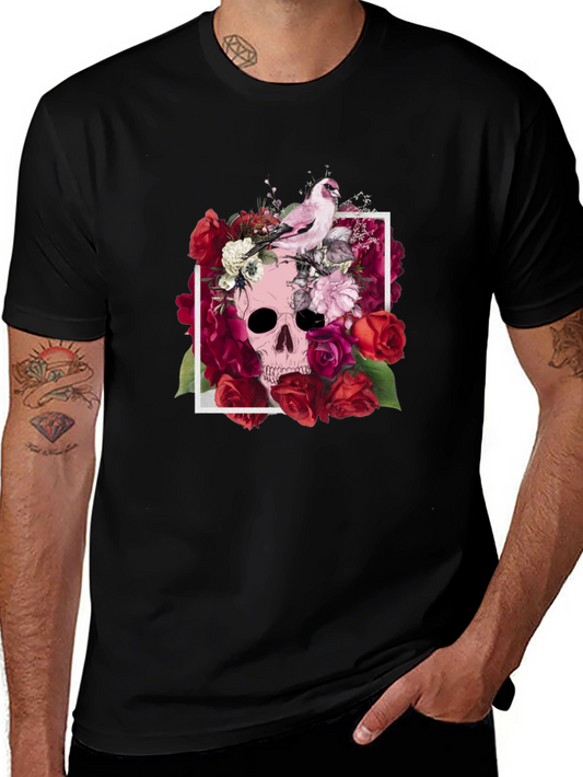 Floral Skull T-Shirt - Bird & Roses Design