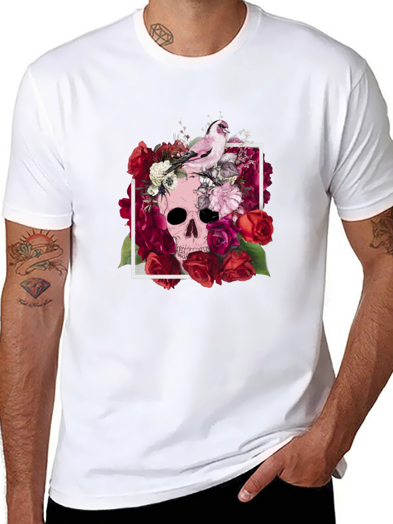 Floral Skull T-Shirt - Bird & Roses Design