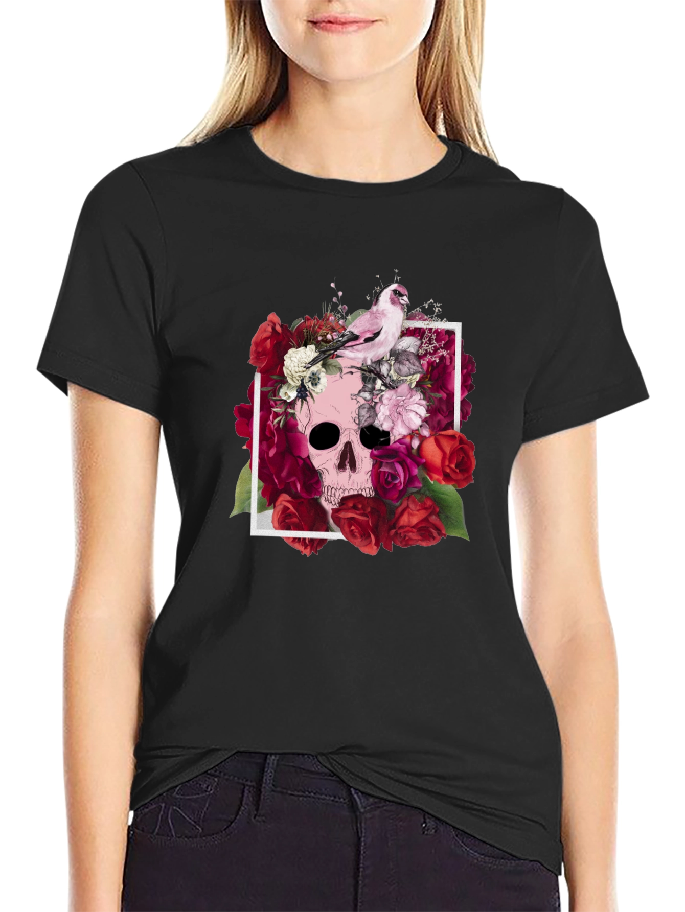 Floral Skull T-Shirt - Bird & Roses Design