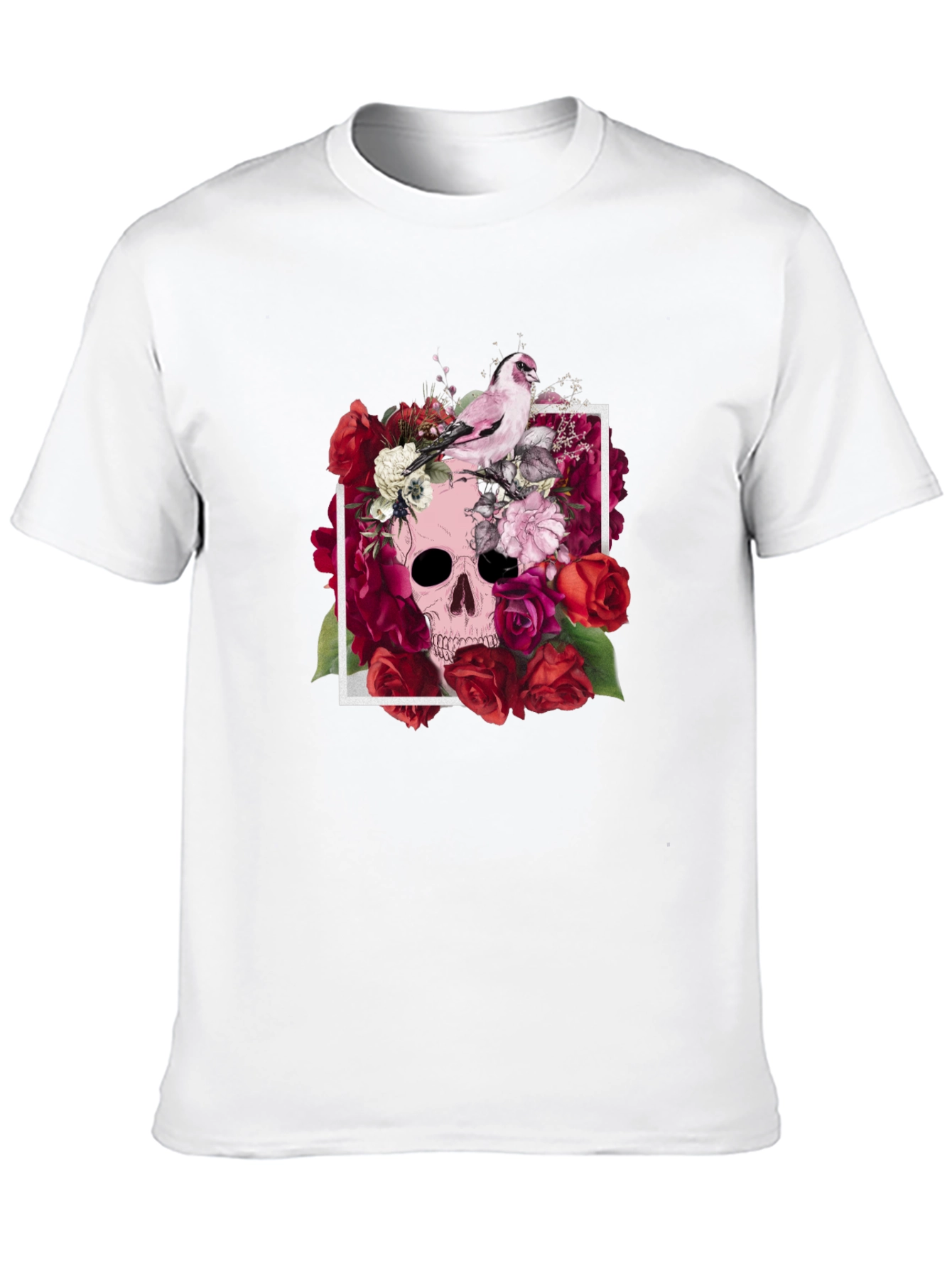 Floral Skull T-Shirt - Bird & Roses Design