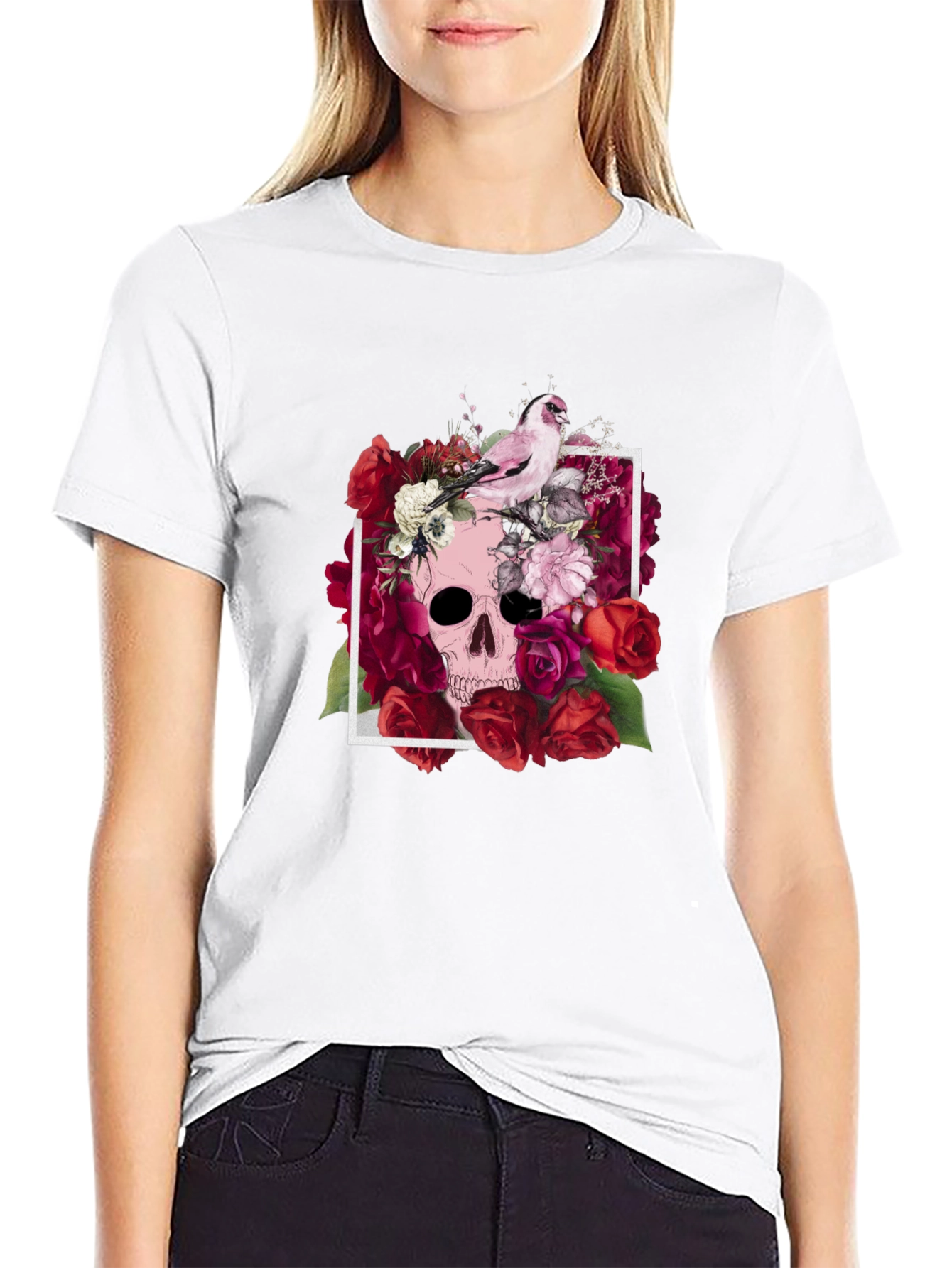 Floral Skull T-Shirt - Bird & Roses Design