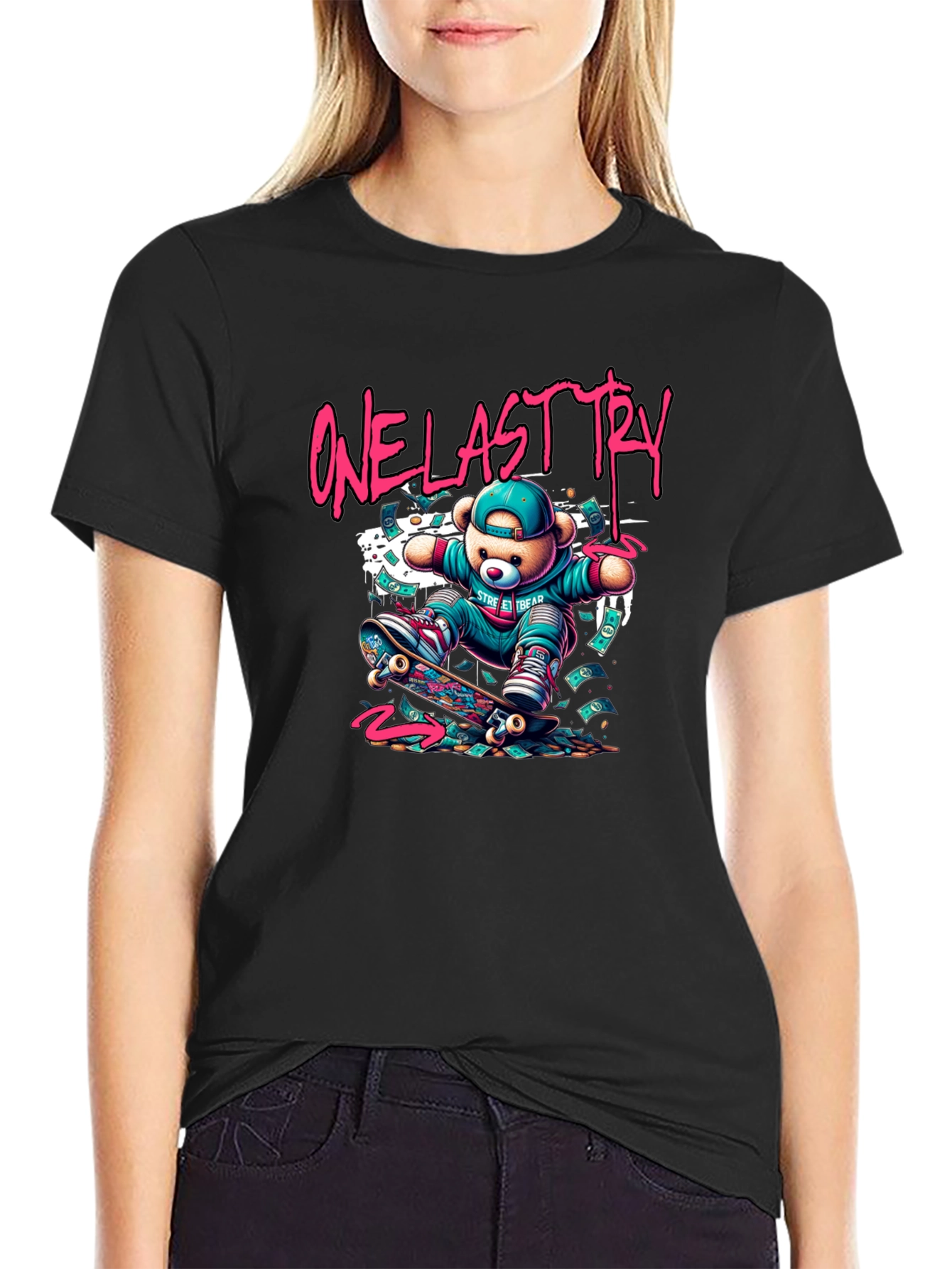 One Last Try Skateboard Bear Graphic T-Shirt