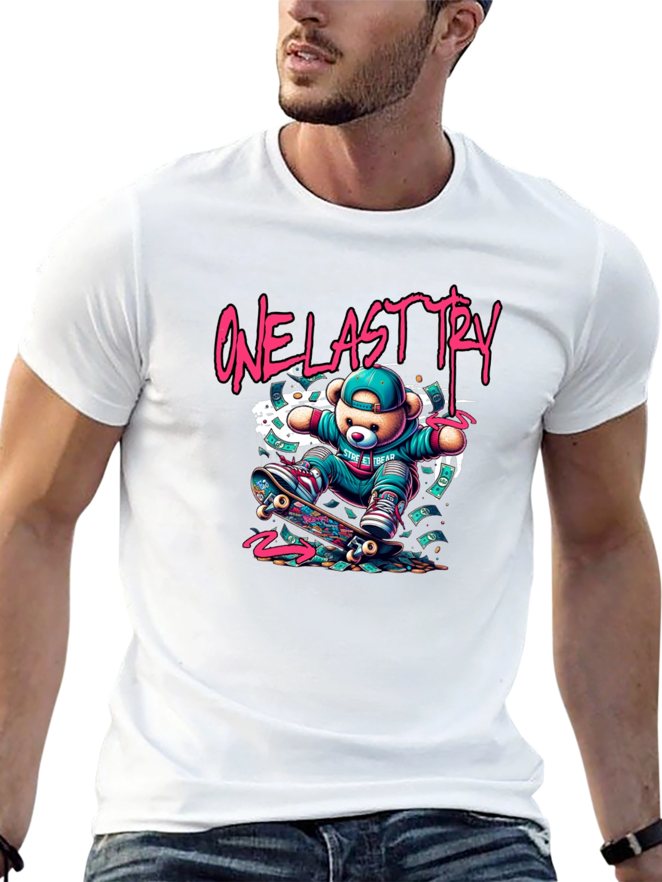 One Last Try Skateboard Bear Graphic T-Shirt
