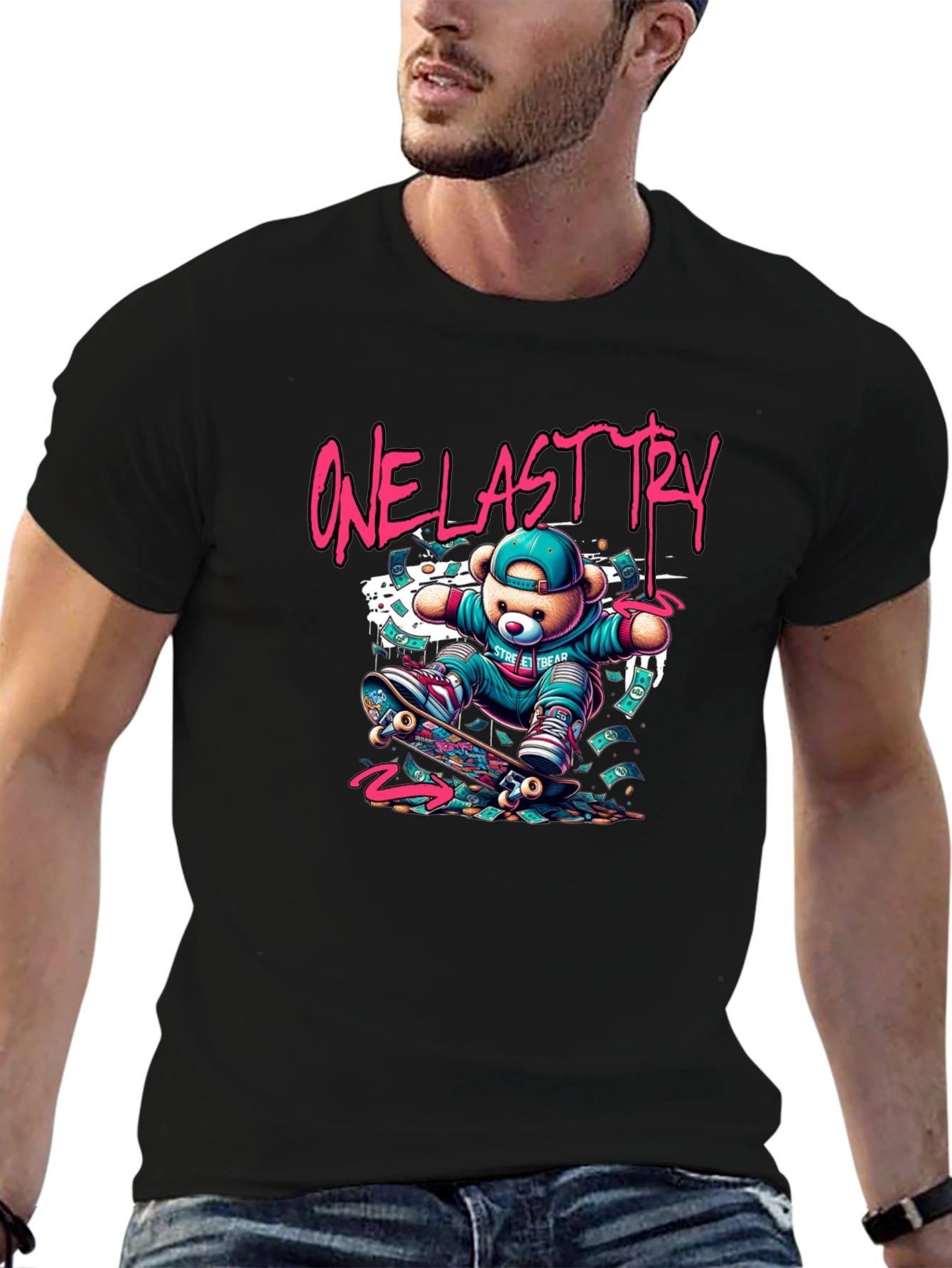One Last Try Skateboard Bear Graphic T-Shirt