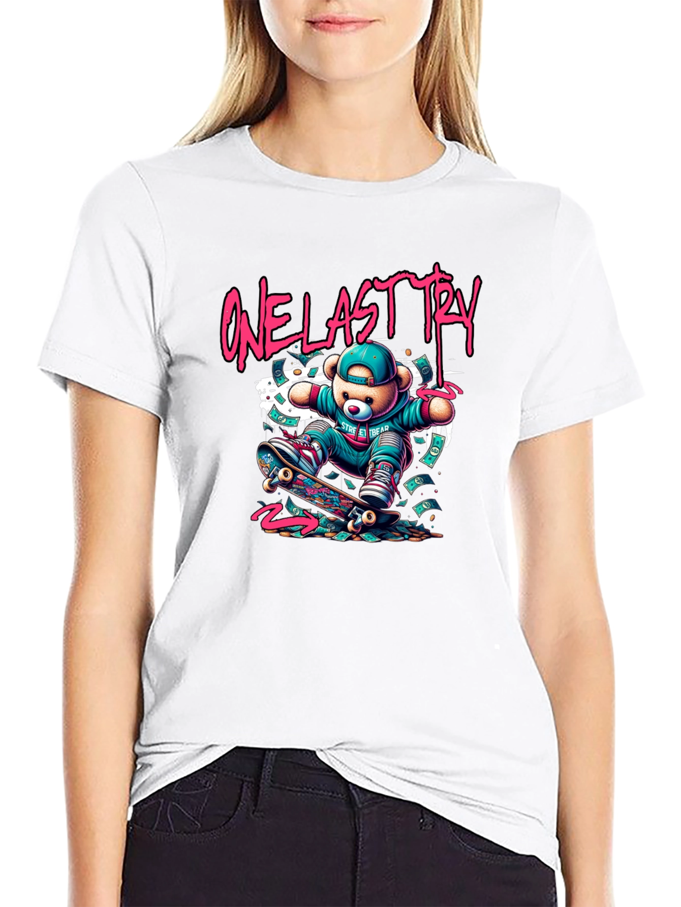 One Last Try Skateboard Bear Graphic T-Shirt