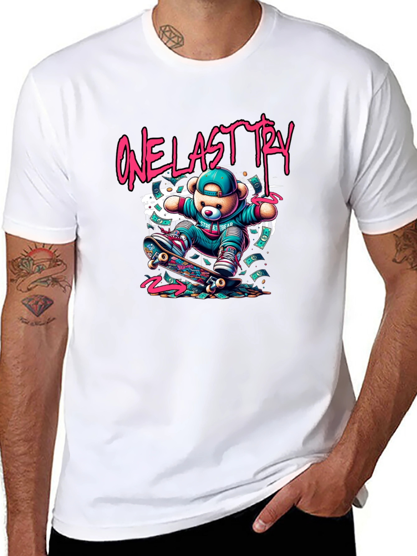 One Last Try Skateboard Bear Graphic T-Shirt