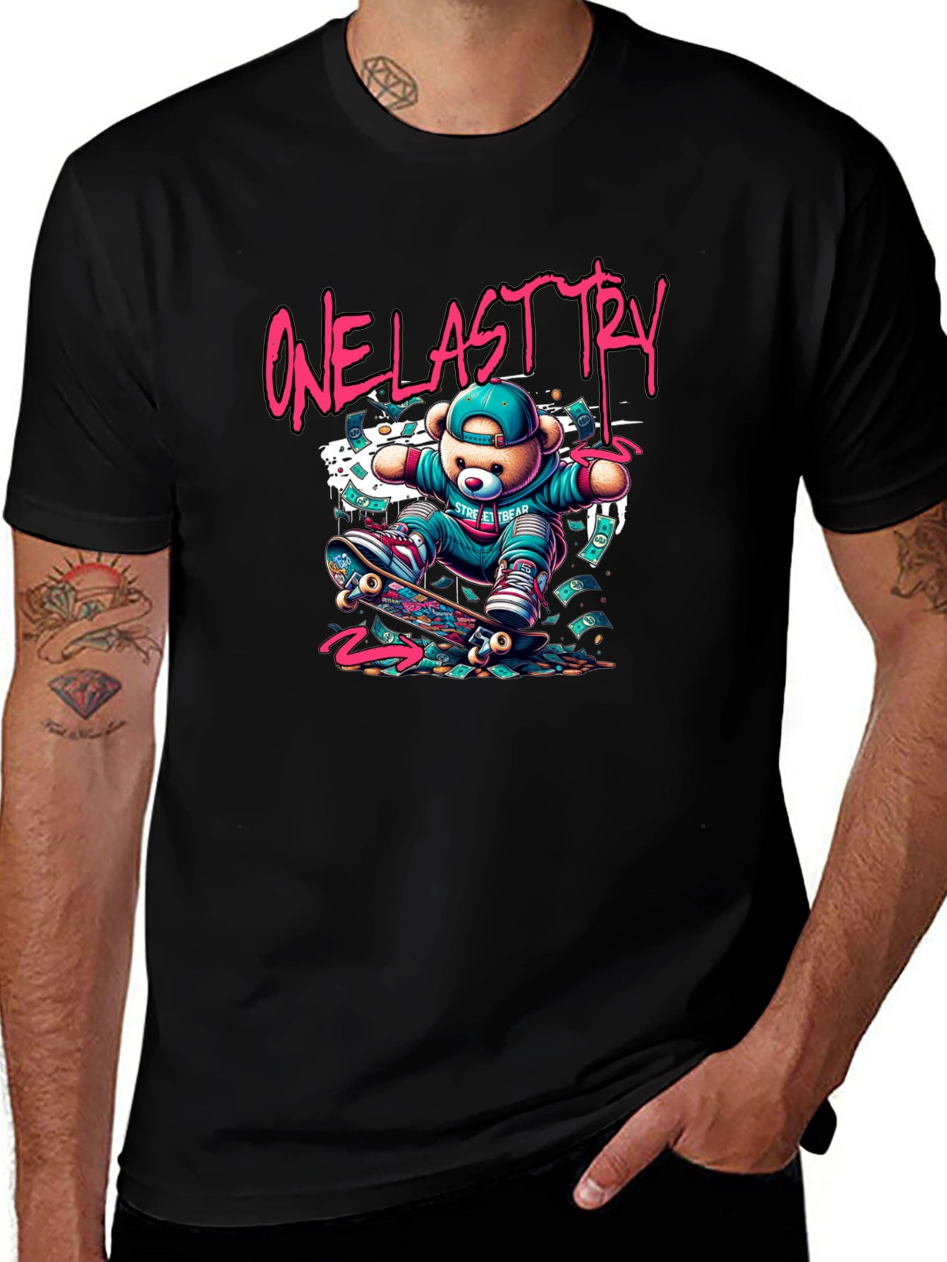 One Last Try Skateboard Bear Graphic T-Shirt