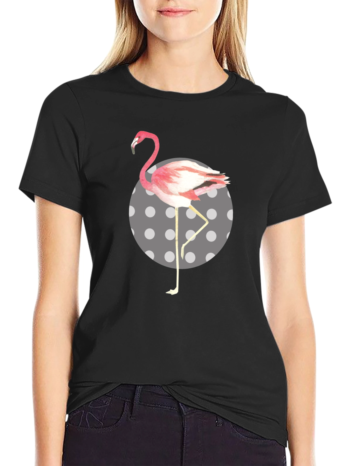 Flamingo Polka Dot Mens Black T-Shirt