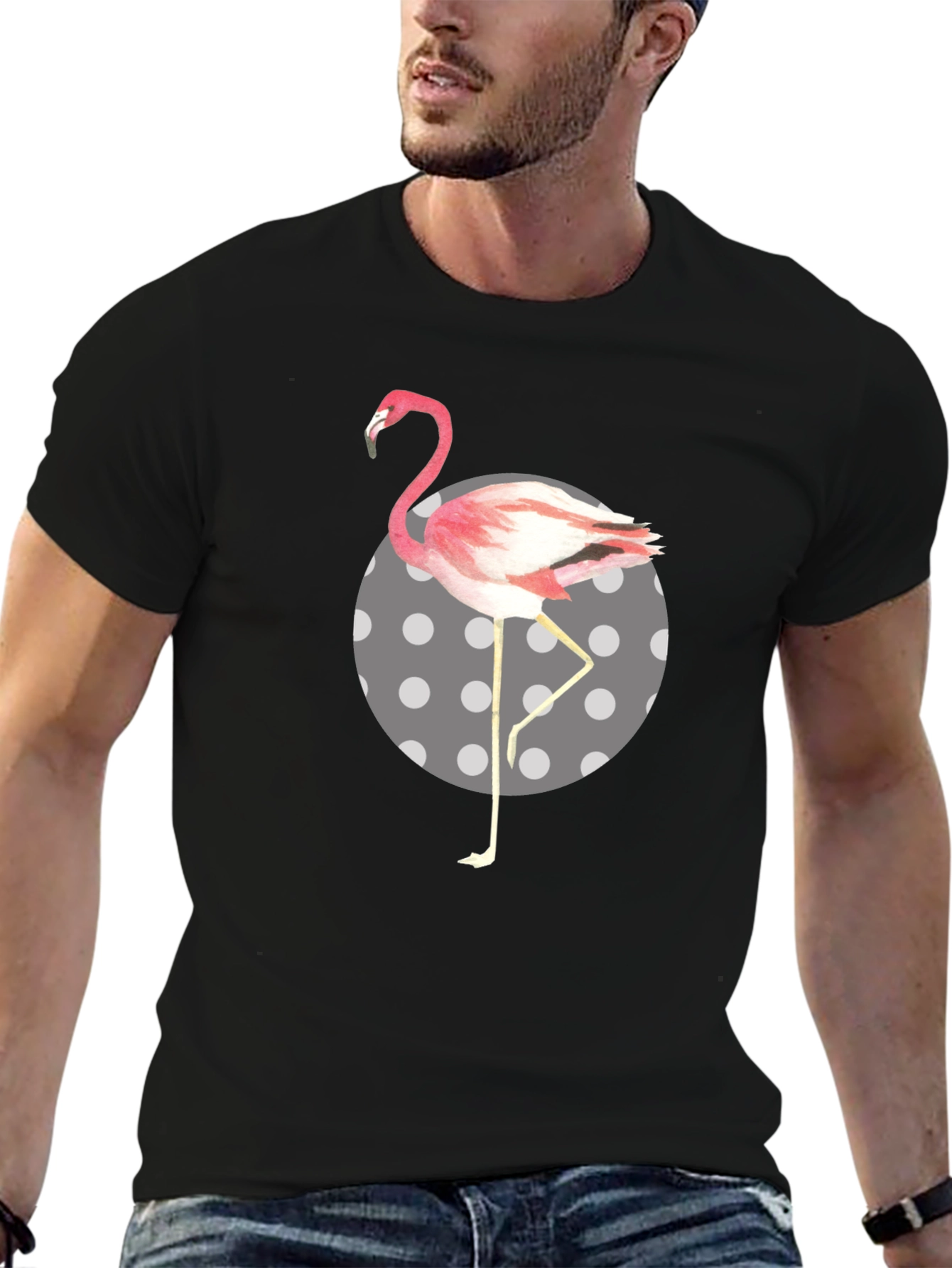 Flamingo Polka Dot Mens Black T-Shirt