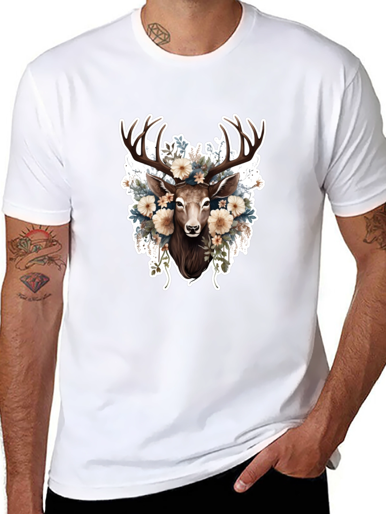Floral Deer Graphic Tee - Black Cotton T-Shirt