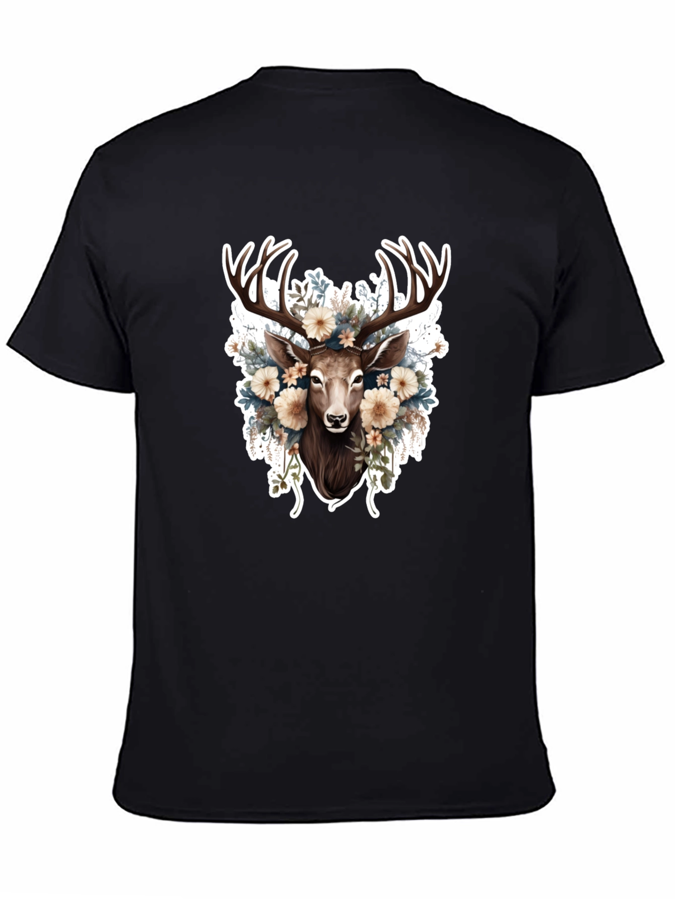 Floral Deer Graphic Tee - Black Cotton T-Shirt
