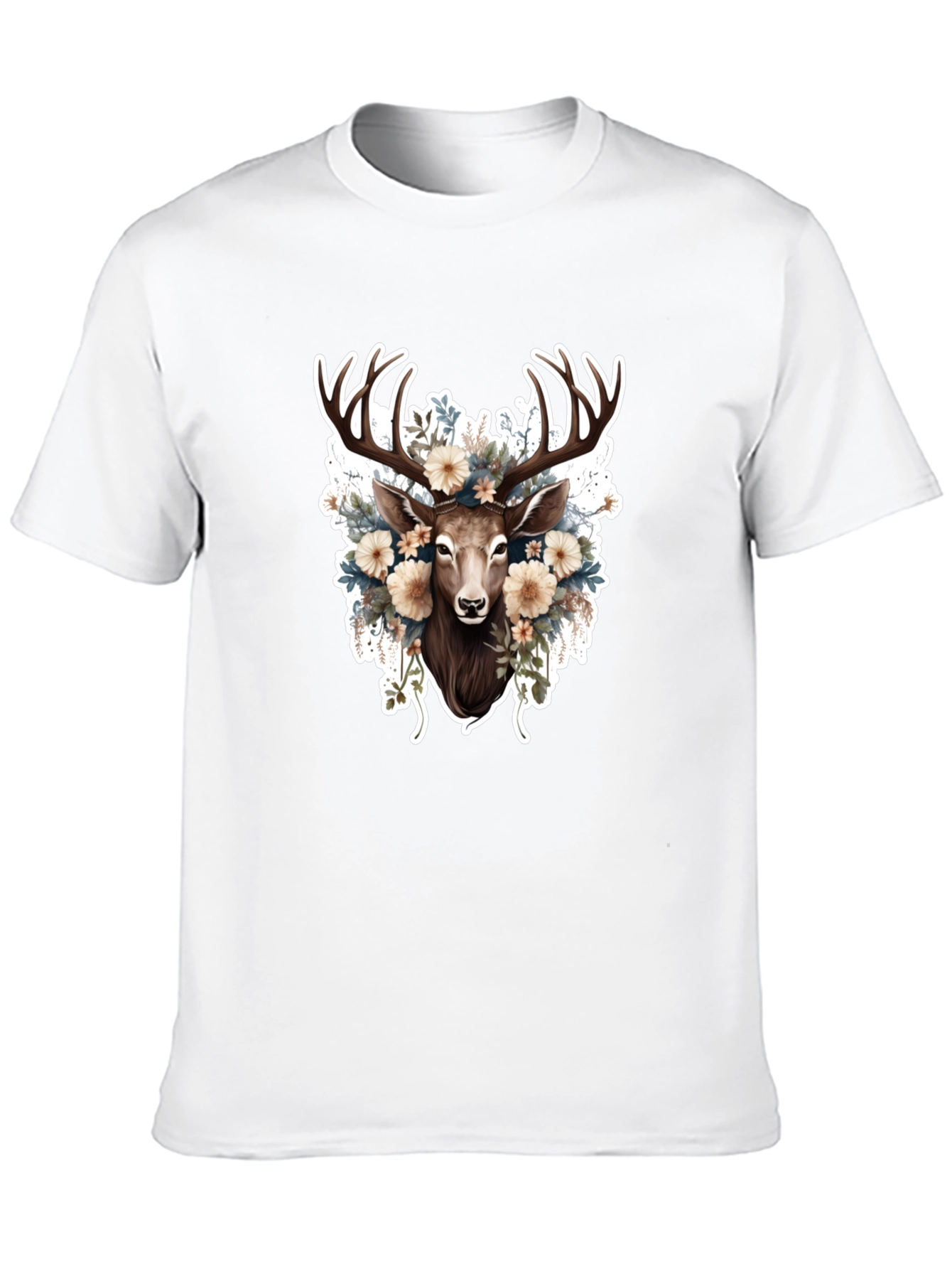 Floral Deer Graphic Tee - Black Cotton T-Shirt