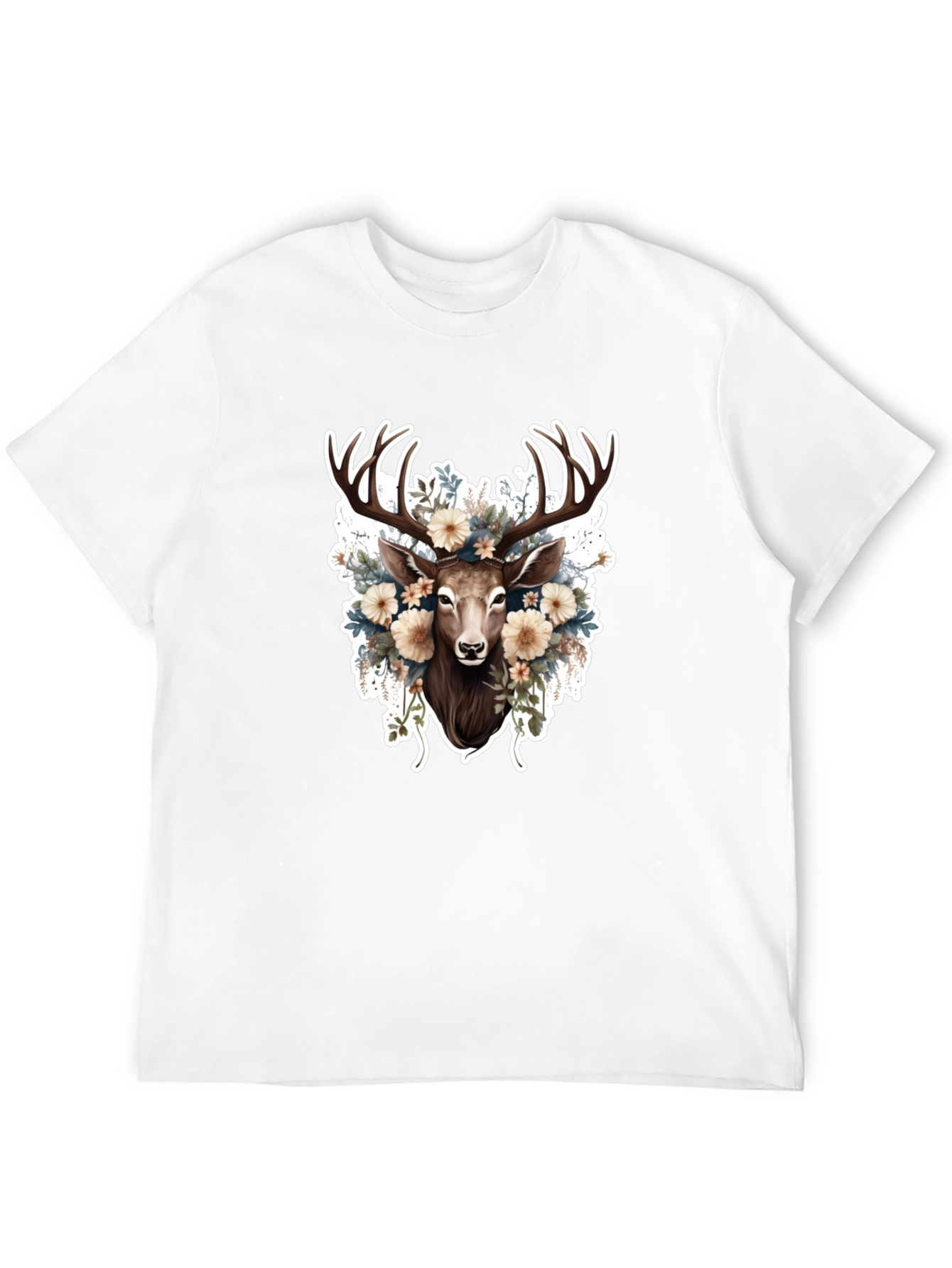 Floral Deer Graphic Tee - Black Cotton T-Shirt