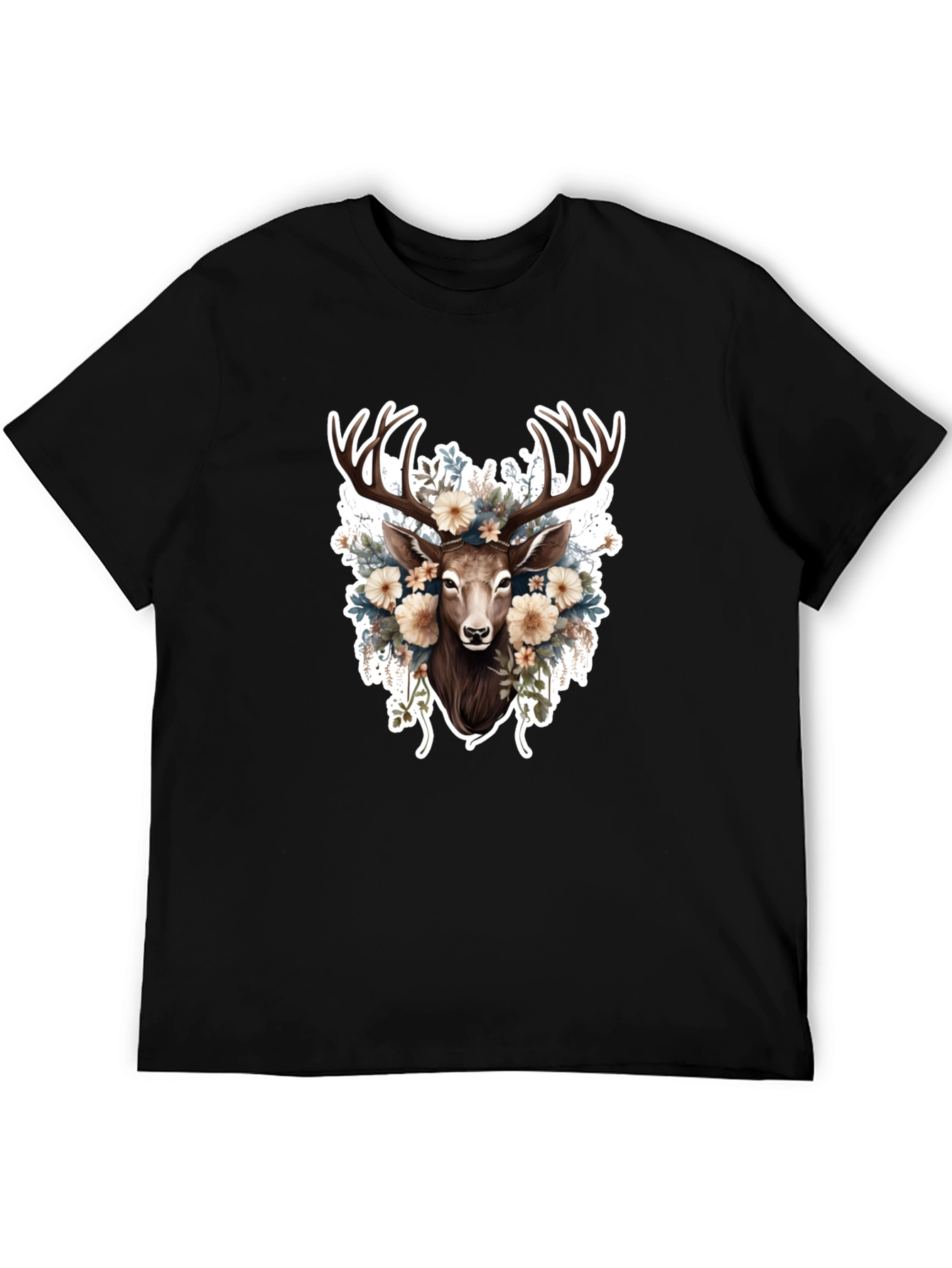 Floral Deer Graphic Tee - Black Cotton T-Shirt