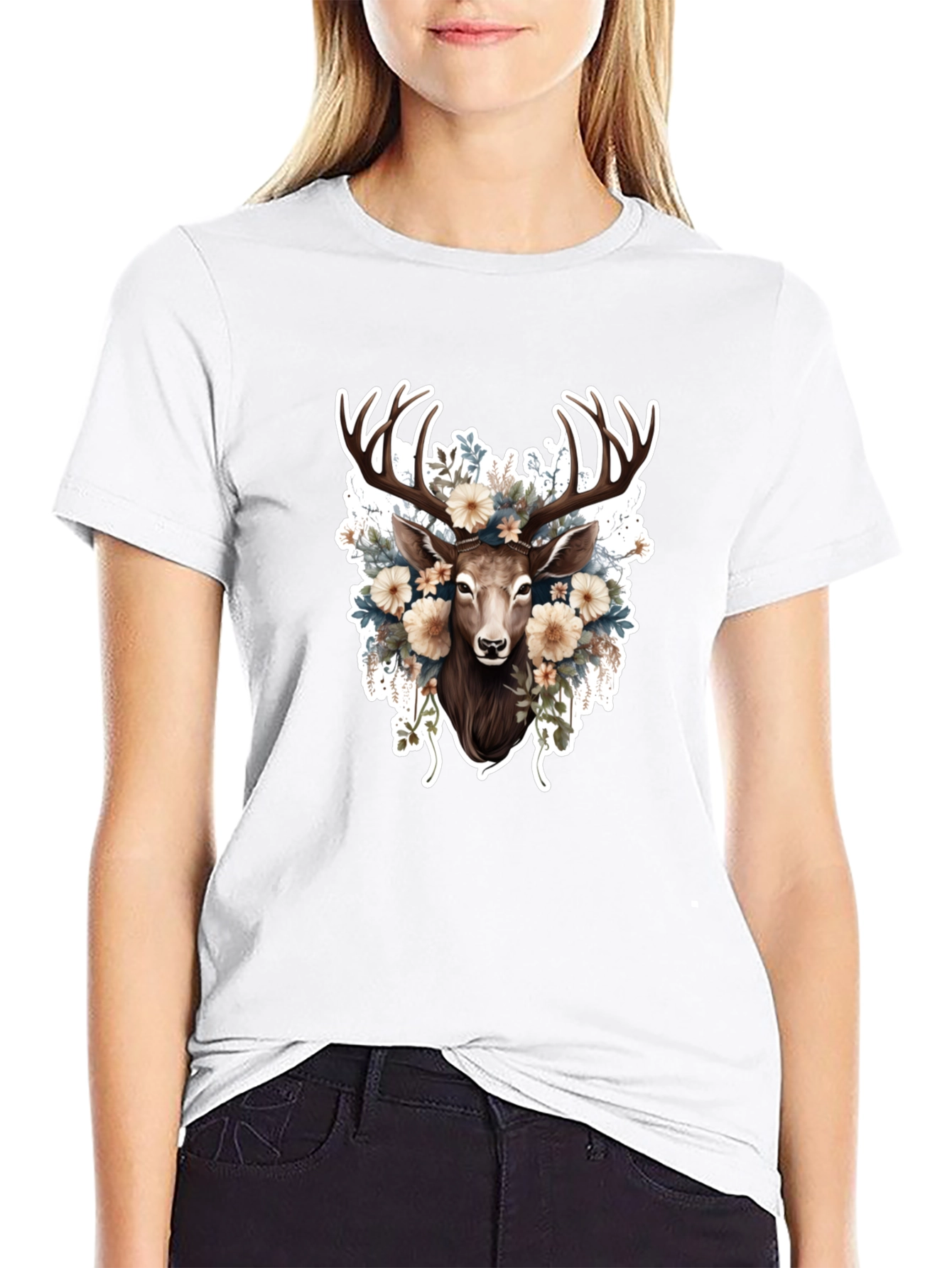 Floral Deer Graphic Tee - Black Cotton T-Shirt