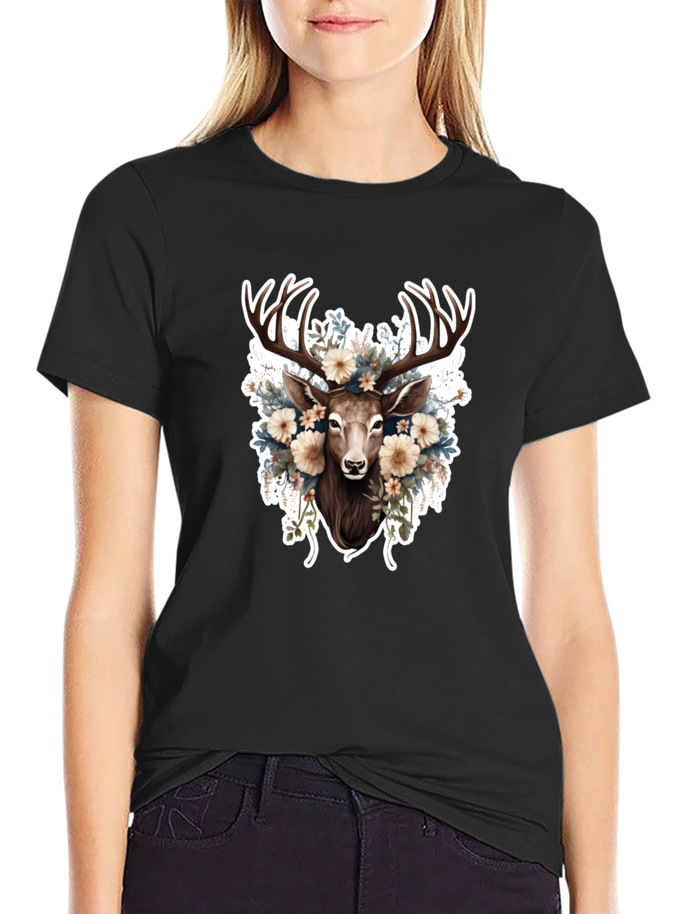 Floral Deer Graphic Tee - Black Cotton T-Shirt