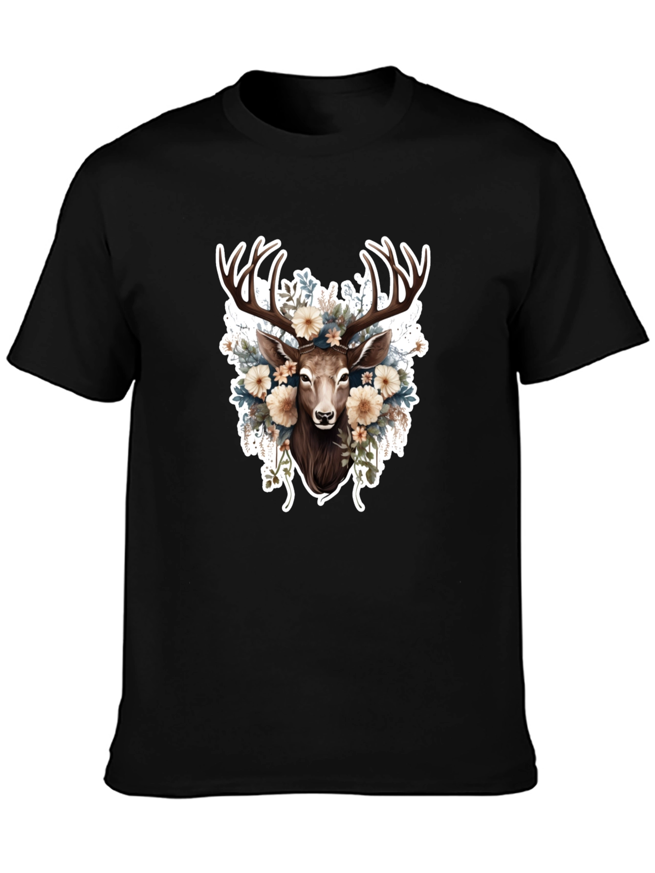 Floral Deer Graphic Tee - Black Cotton T-Shirt