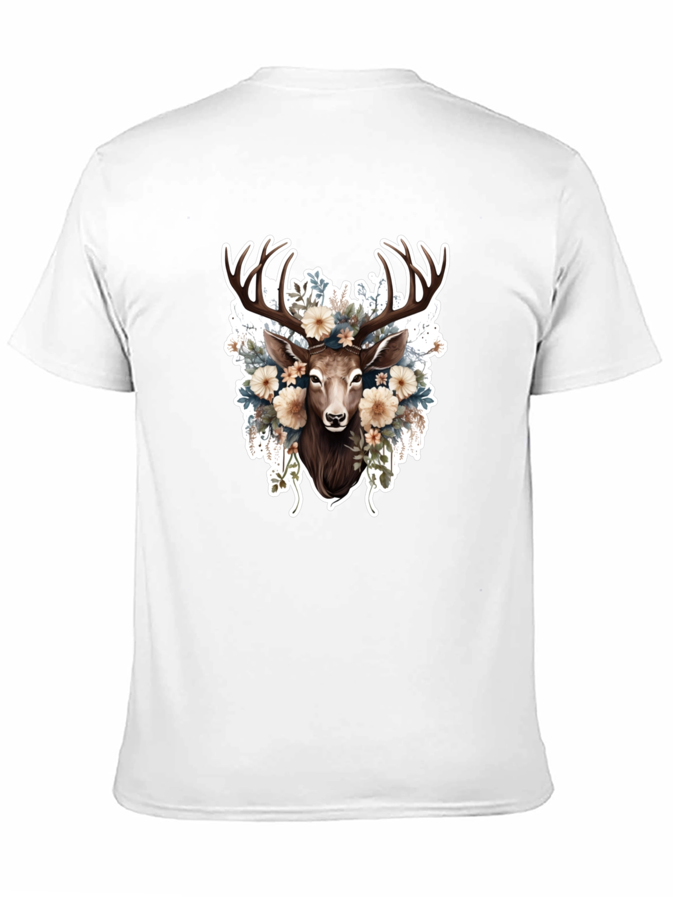 Floral Deer Graphic Tee - Black Cotton T-Shirt