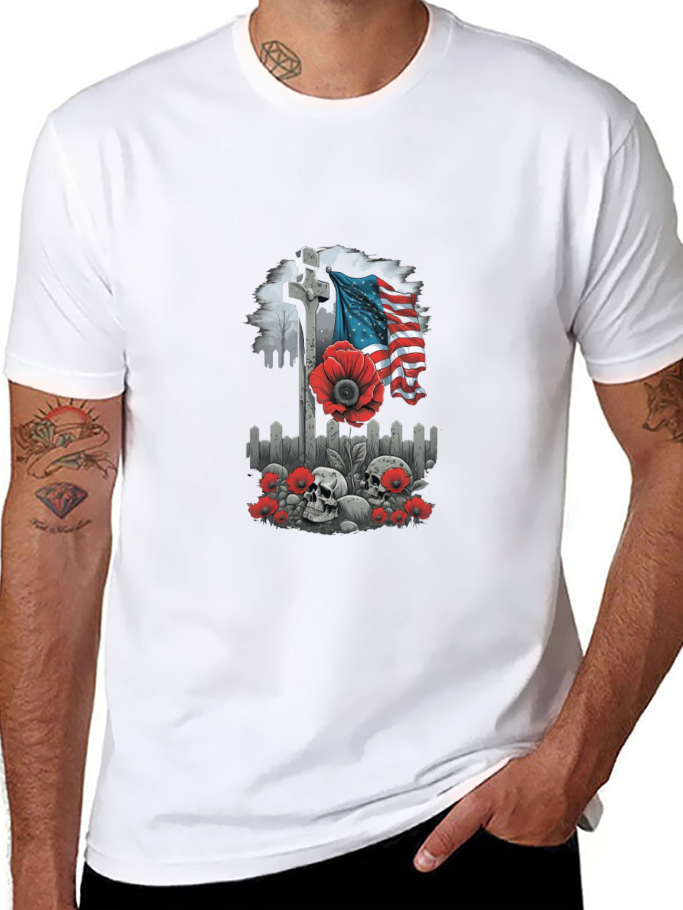 Memorial Day T-Shirt: Cross Flag Poppies & Skulls