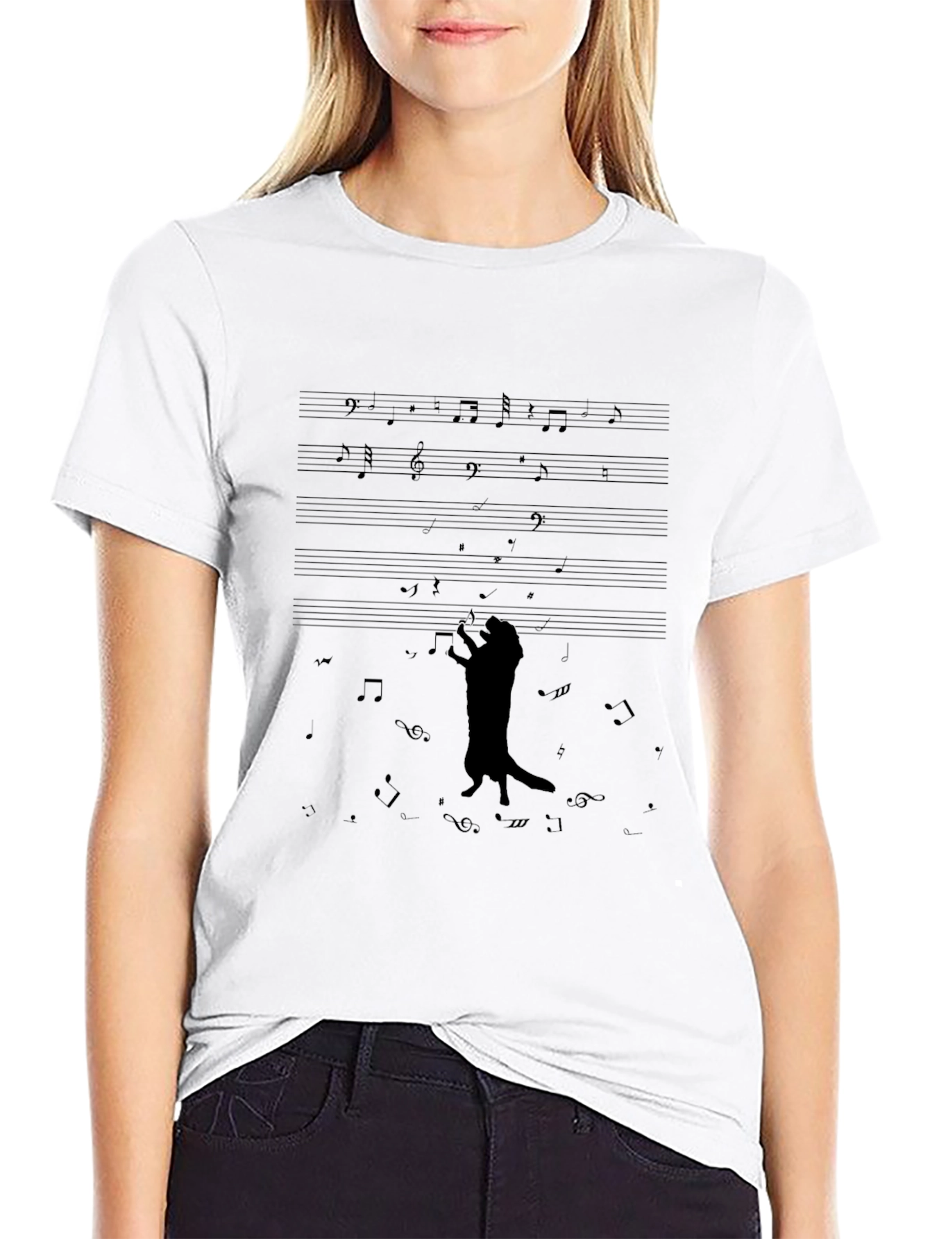 Musical Cat T-Shirt - Black Crew Neck Graphic Tee