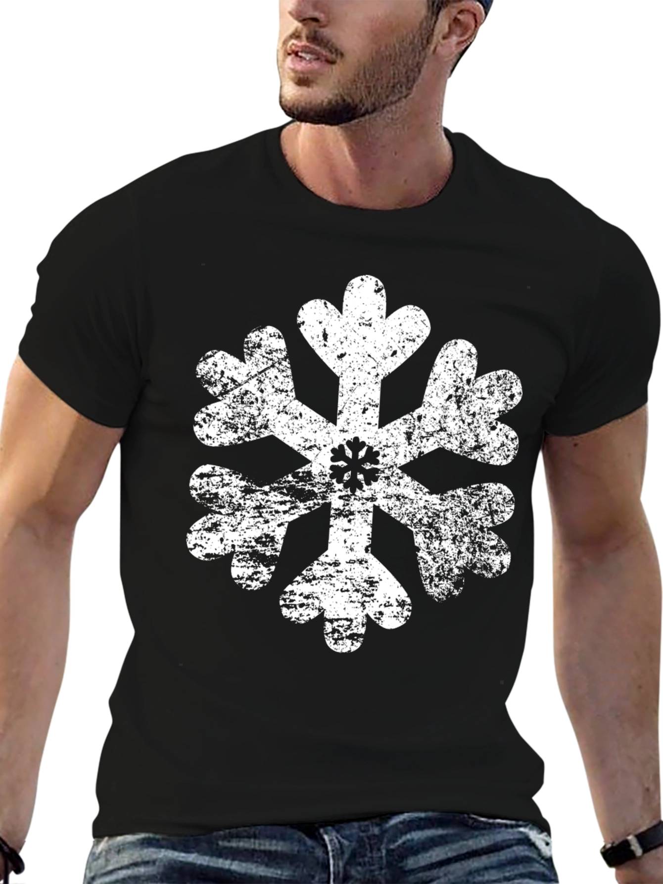 Distressed Snowflake Graphic Tee - Black Cotton Blend